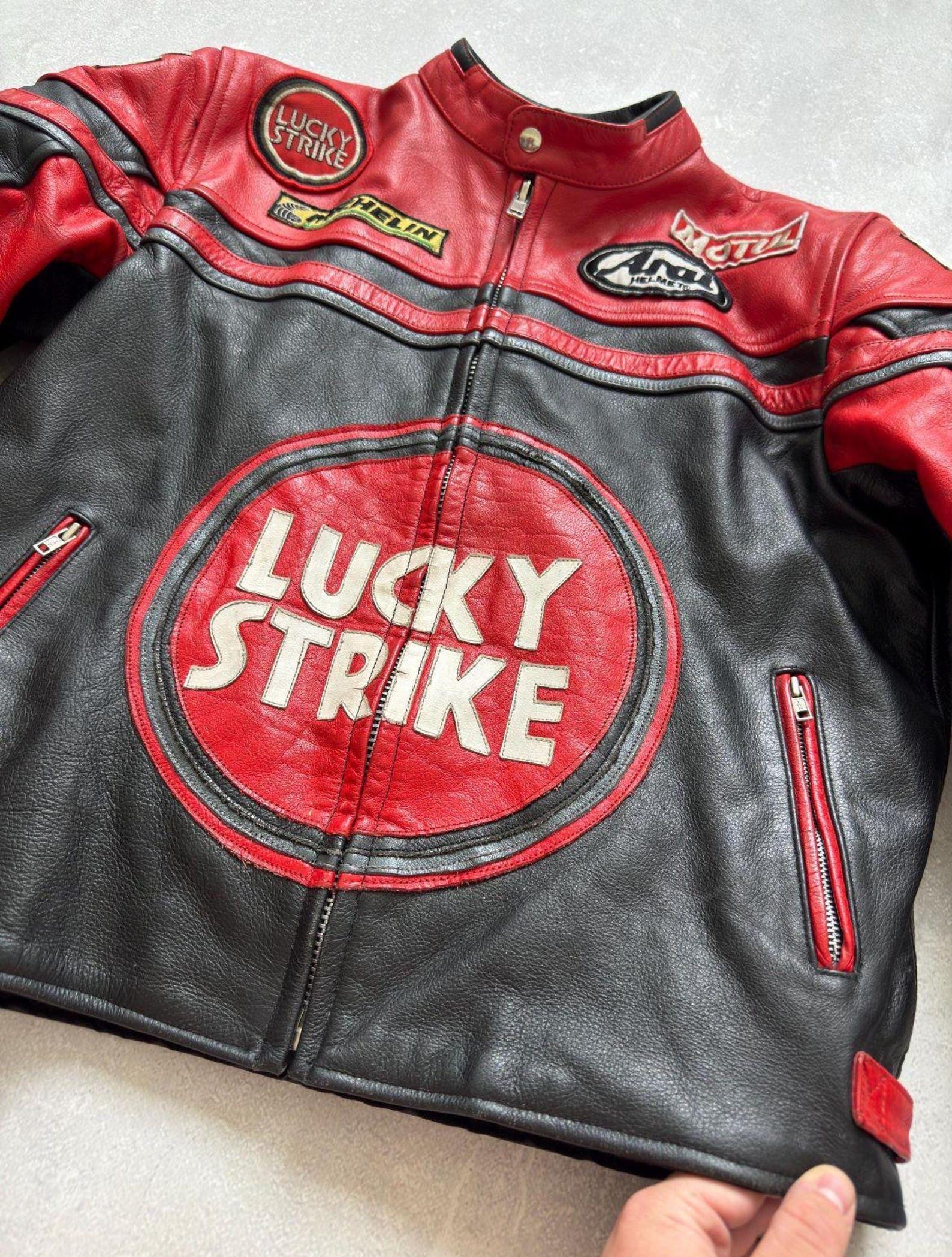 Lucky Strike Racing Leather Jacket: Vintage MotoGP Motorcycle Coat