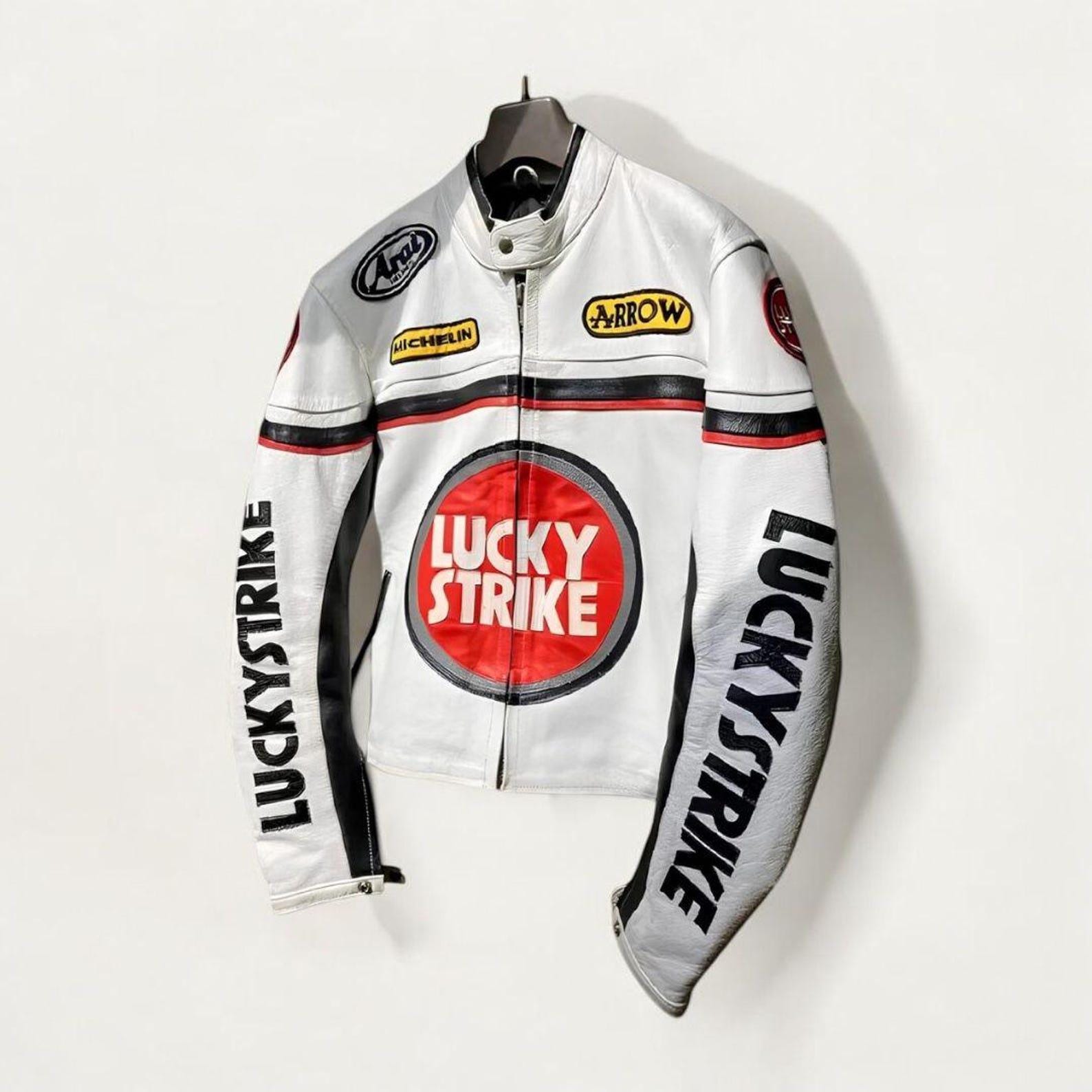 Lucky Strike Racing Leather Jacket: Vintage MotoGP Motorcycle Coat