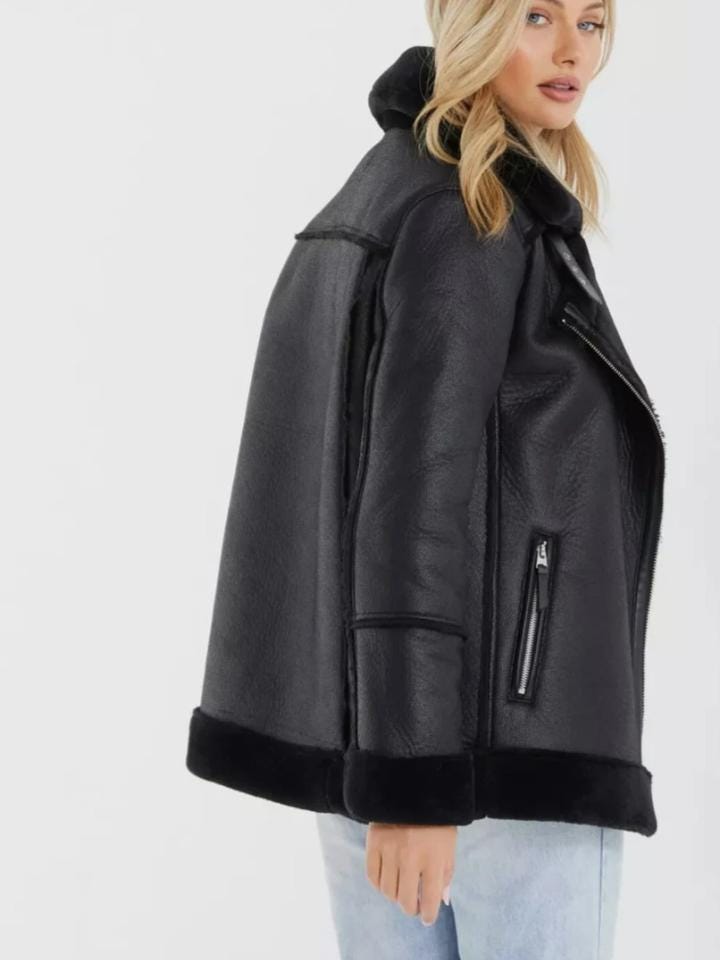 Black Sheep Leather Faux Fur Jacket: Women's Stylish All-Season Wear