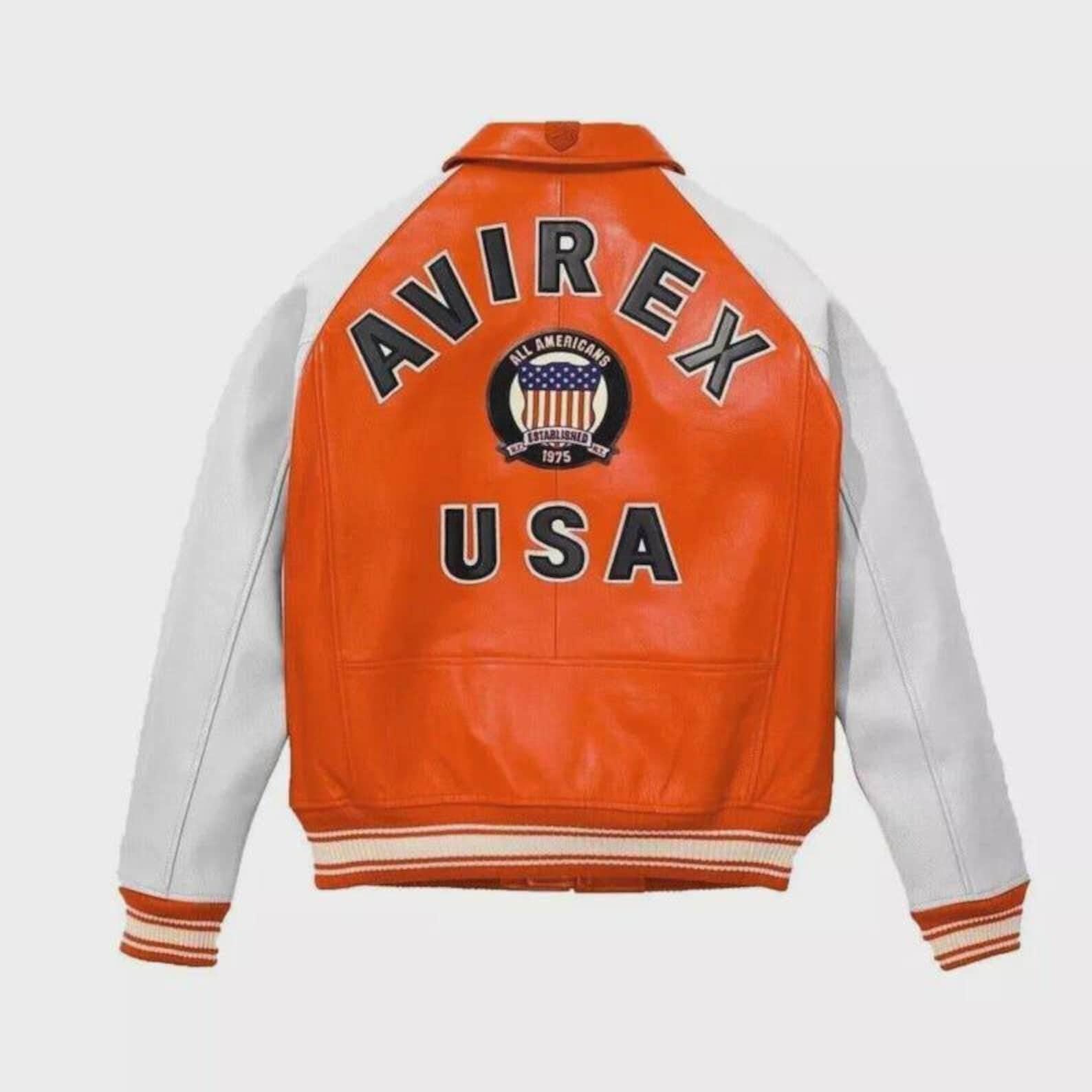 Vintage Avirex Leather Bomber Jacket: Orange & White Varsity Biker Coat