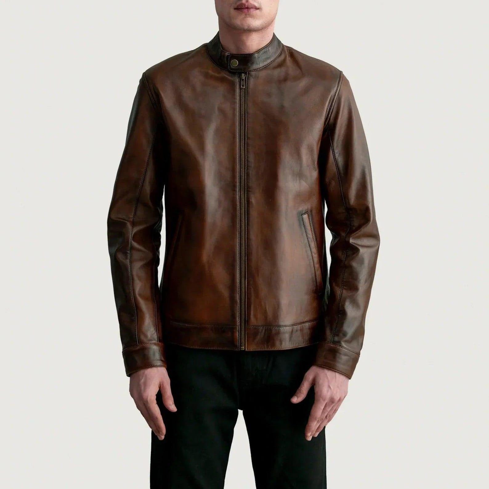 Distressed Brown Sheepskin Leather Biker Jacket - Western Style