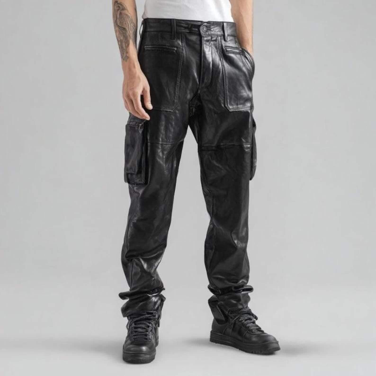 Men's Black Leather Motorcycle Pants: Cargo Biker Trousers