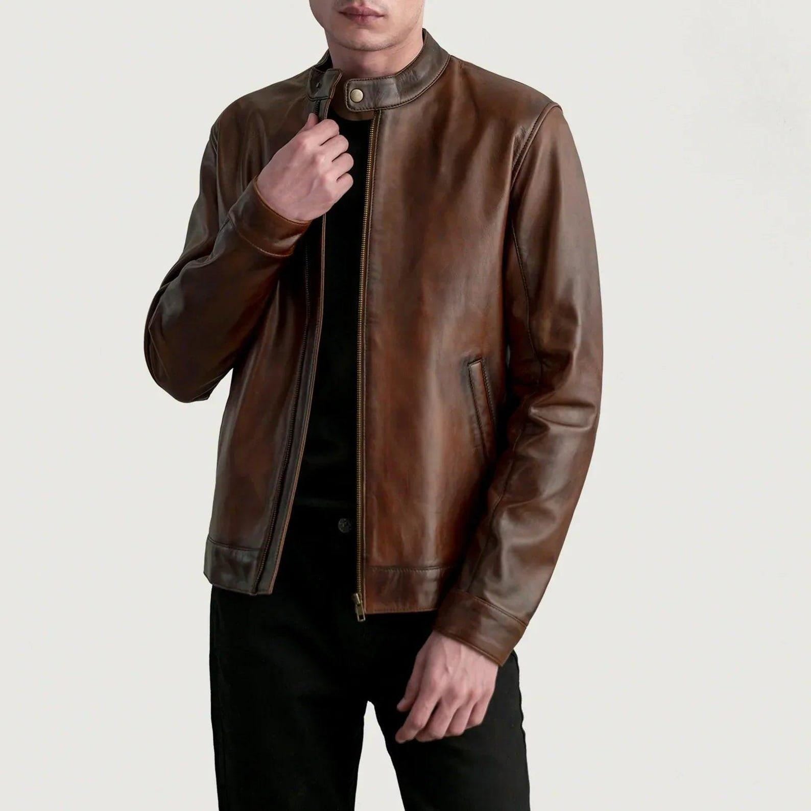 Distressed Brown Sheepskin Leather Biker Jacket - Western Style
