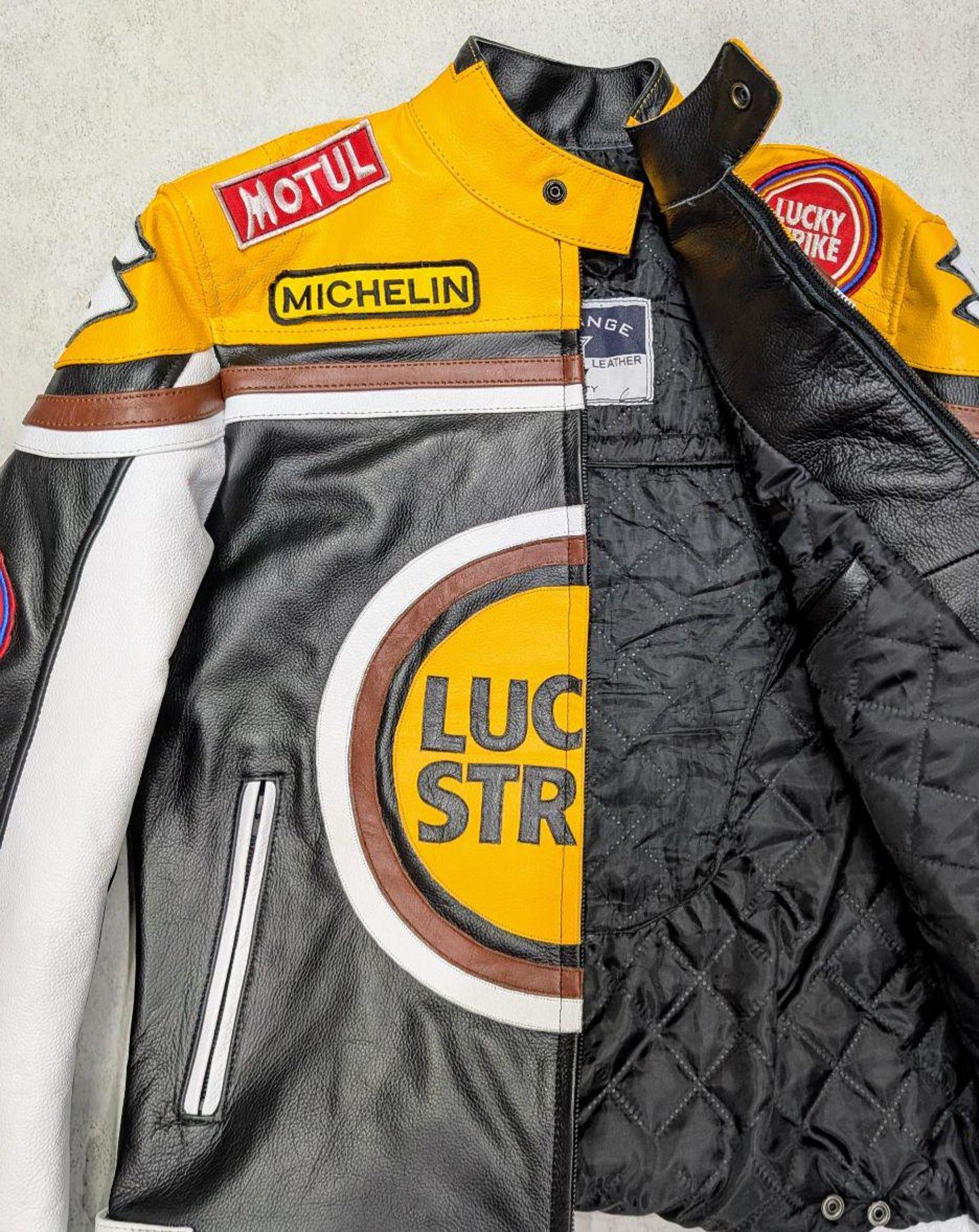 Lucky Strike Racing Leather Jacket: Vintage MotoGP Motorcycle Coat