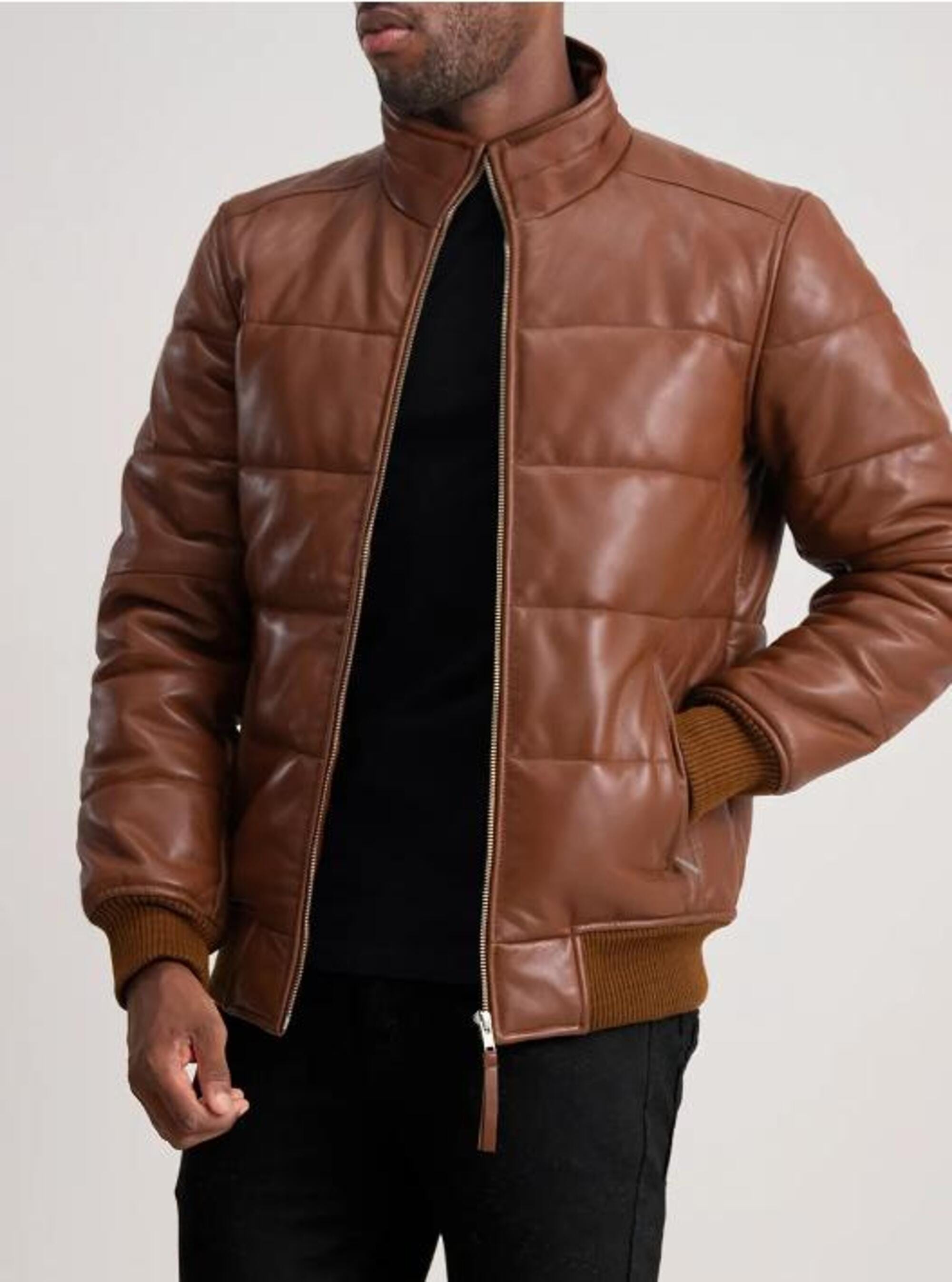 Handmade Sheepskin Leather Puffer Biker Jacket for Men - Erdem Style