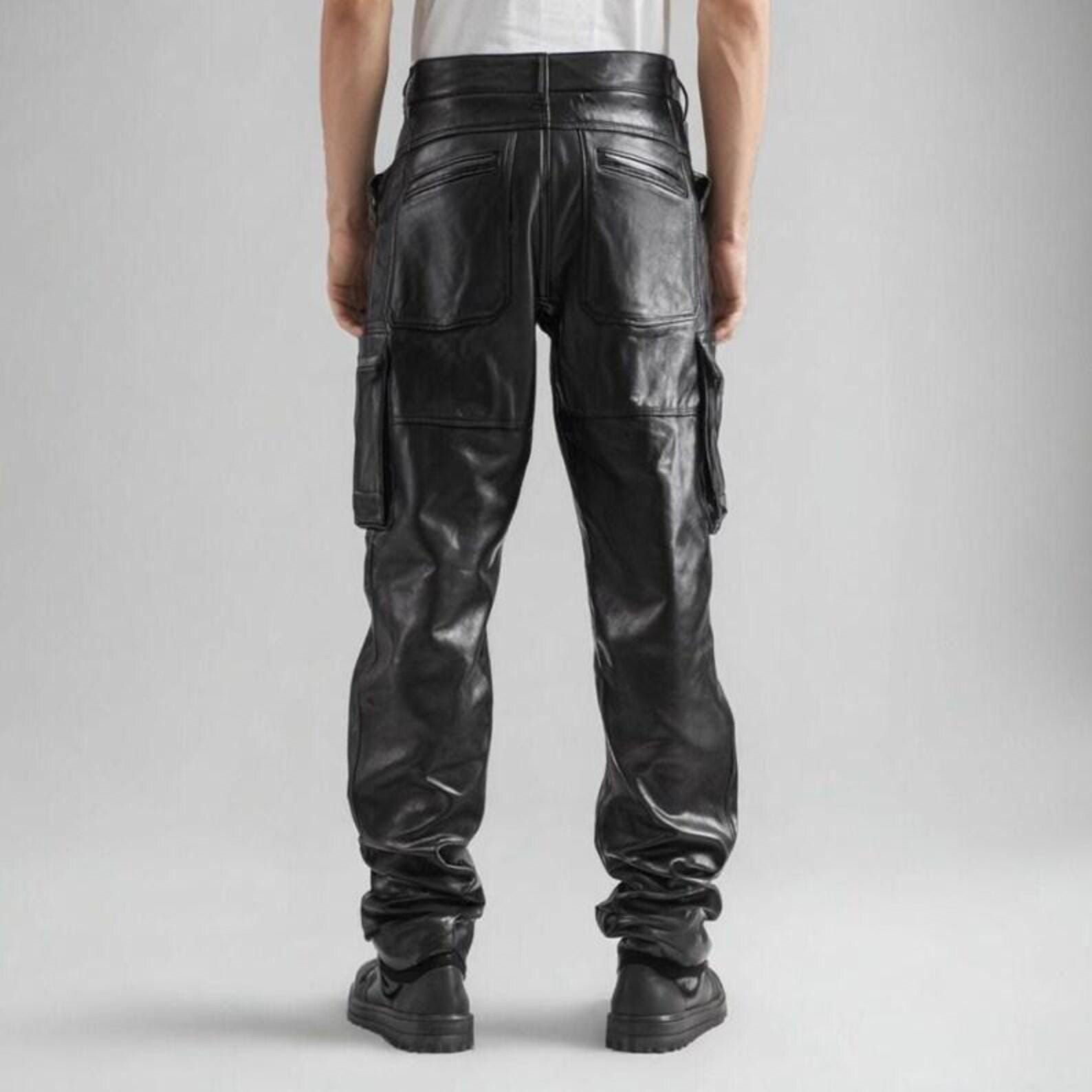 Men's Black Leather Motorcycle Pants: Cargo Biker Trousers