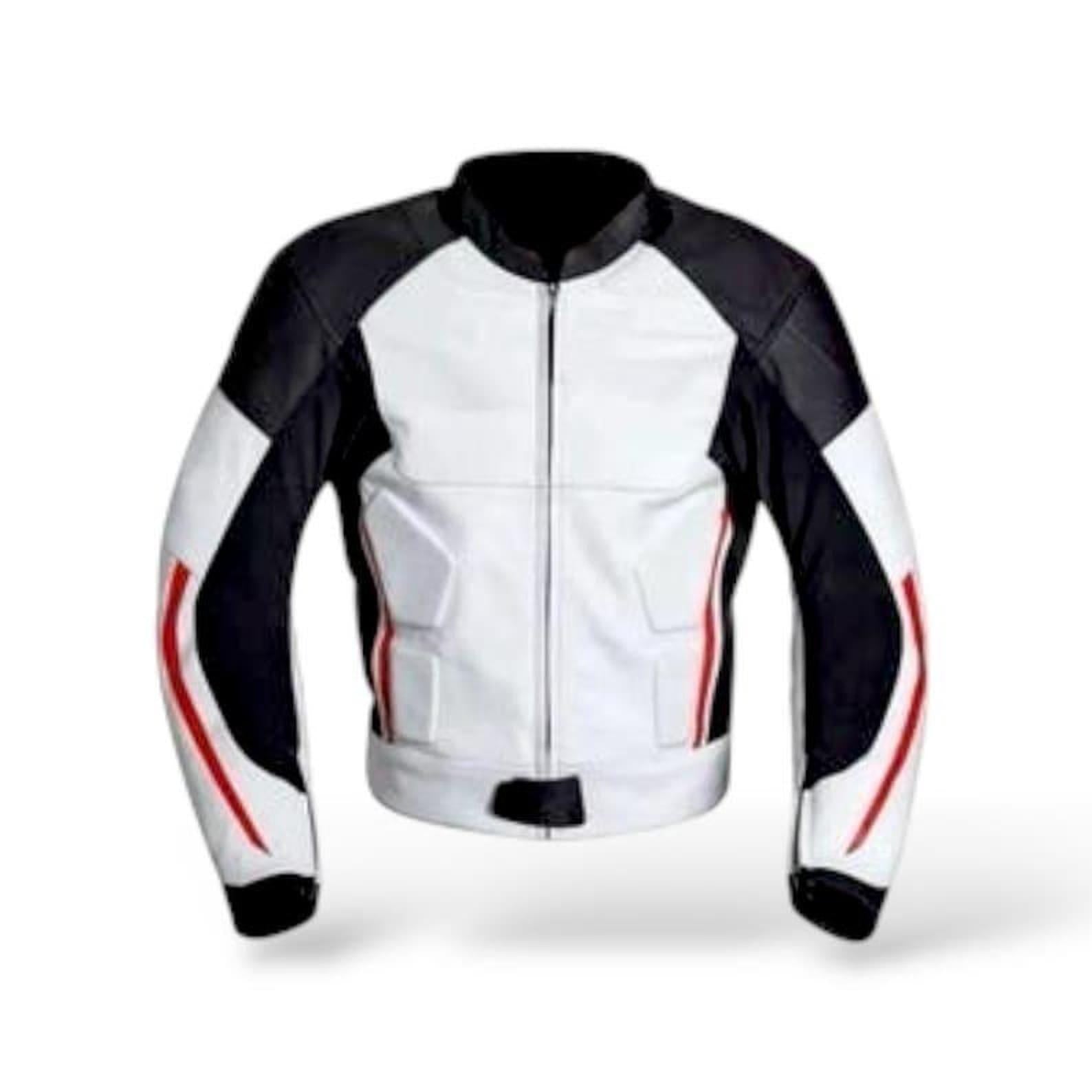 Handmade Leather Motorcycle Jacket: Black, White & Red Biker Coat - CE Protection
