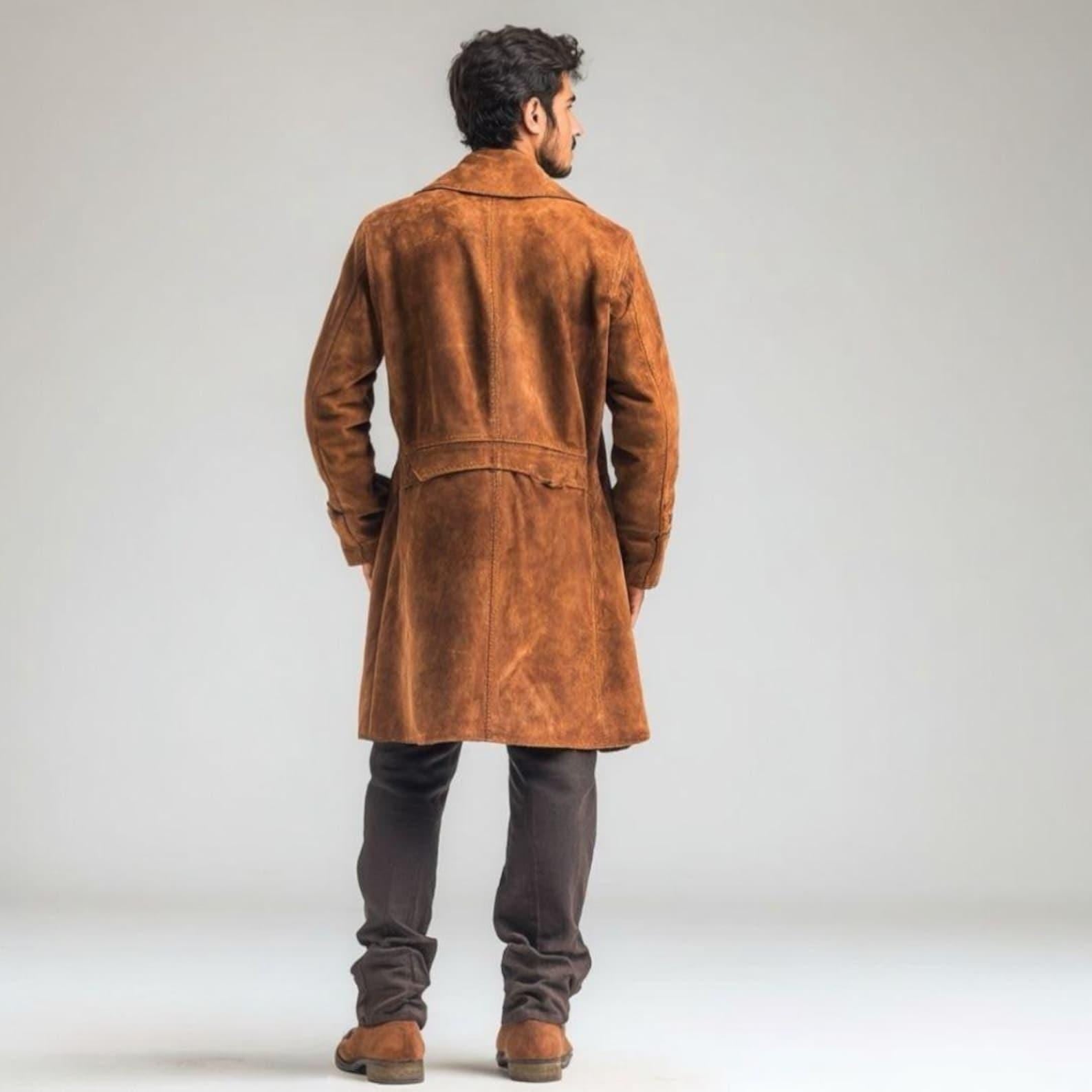 Brown Vintage Suede Trench Coat - Maier's Stylish Leather Western Duster Overcoat