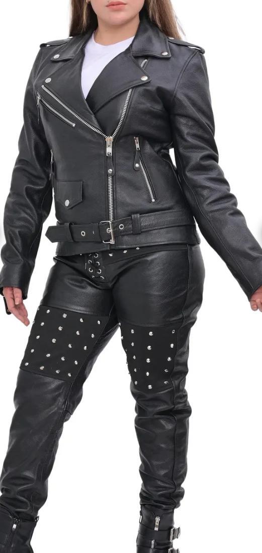 Handmade Black Leather Motorcycle Suit: Women's Biker Jacket & Pant