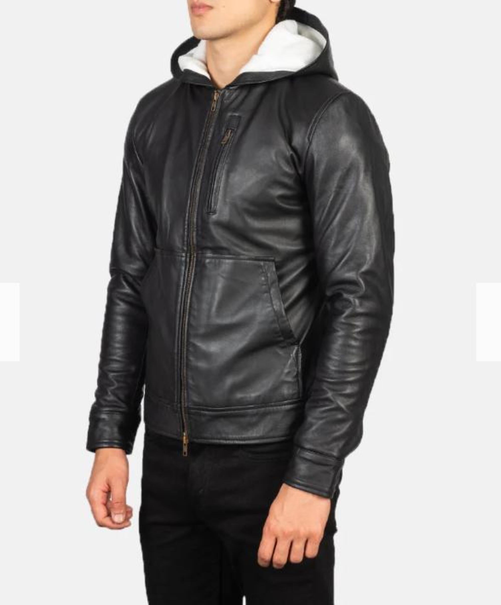 Men's Black Sheep Leather Biker Jacket: Vintage Hooded Motorcycle Jacket