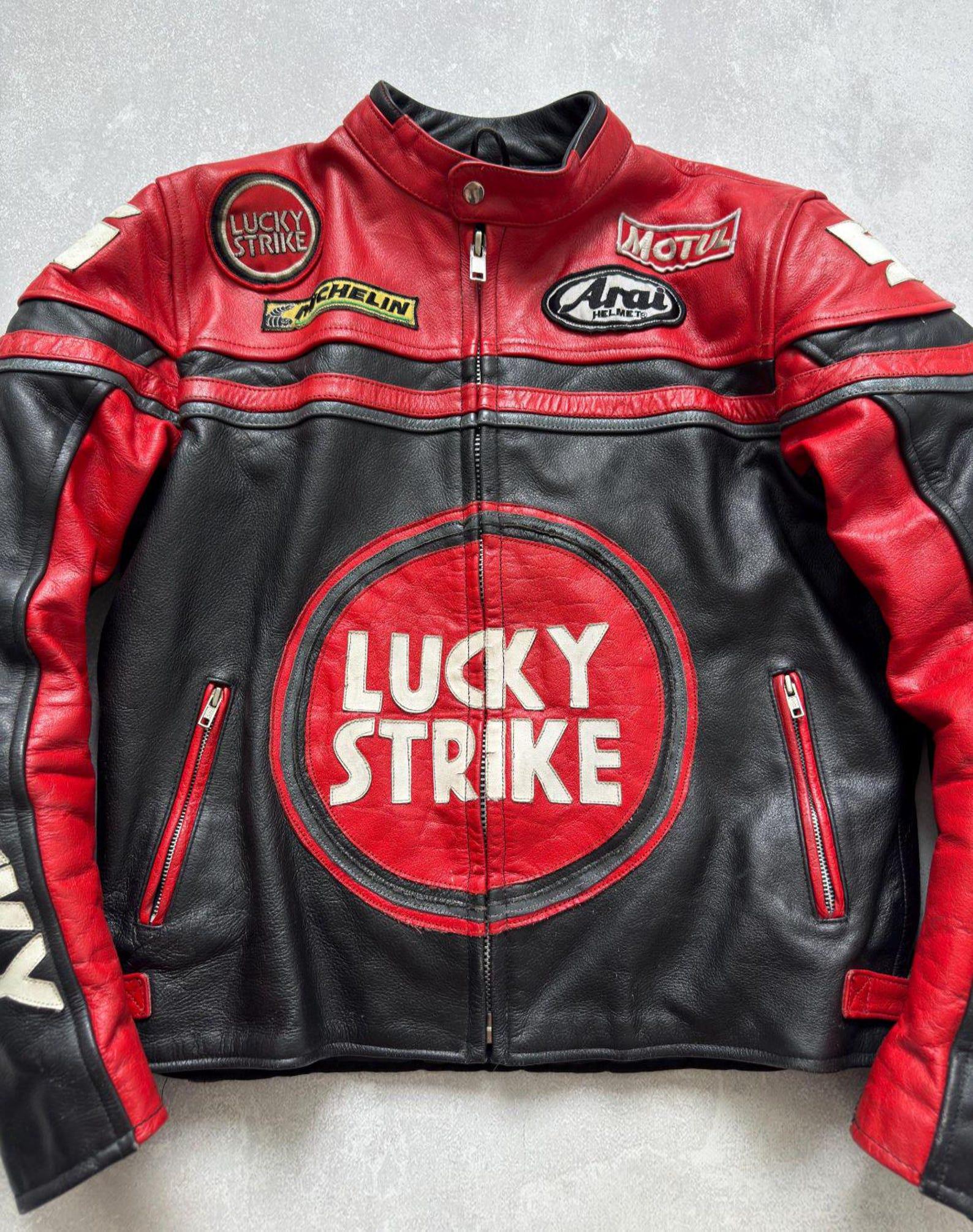 Lucky Strike Racing Leather Jacket: Vintage MotoGP Motorcycle Coat