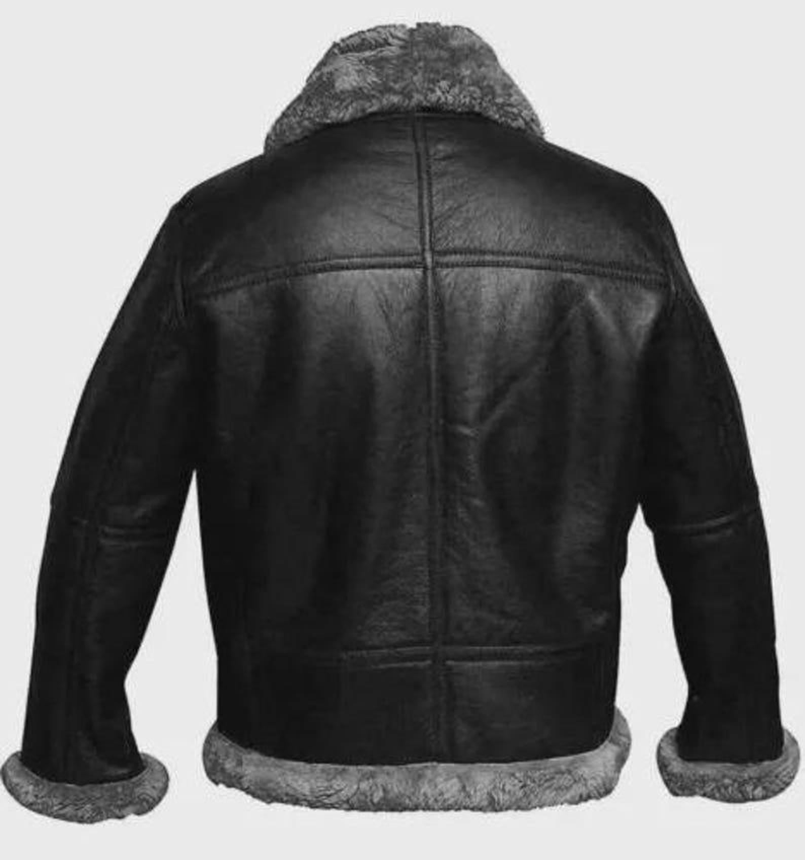 Handmade RAF B3 Leather Bomber Jacket: Grey Fur Collar Aviator Coat