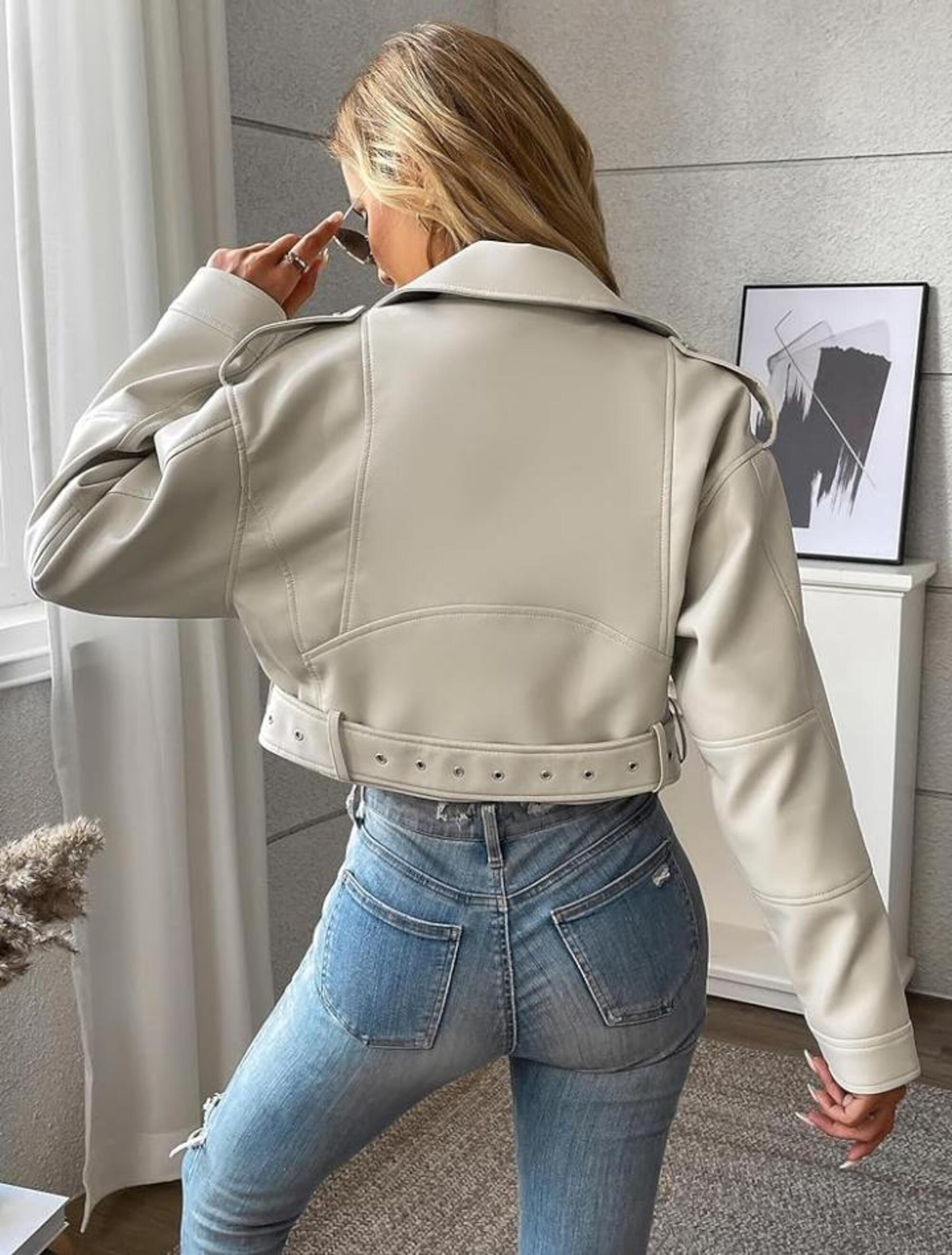 Women's Cropped Sheepskin Leather Jacket – Erdem Stylish Belted Short Streetwear Coat