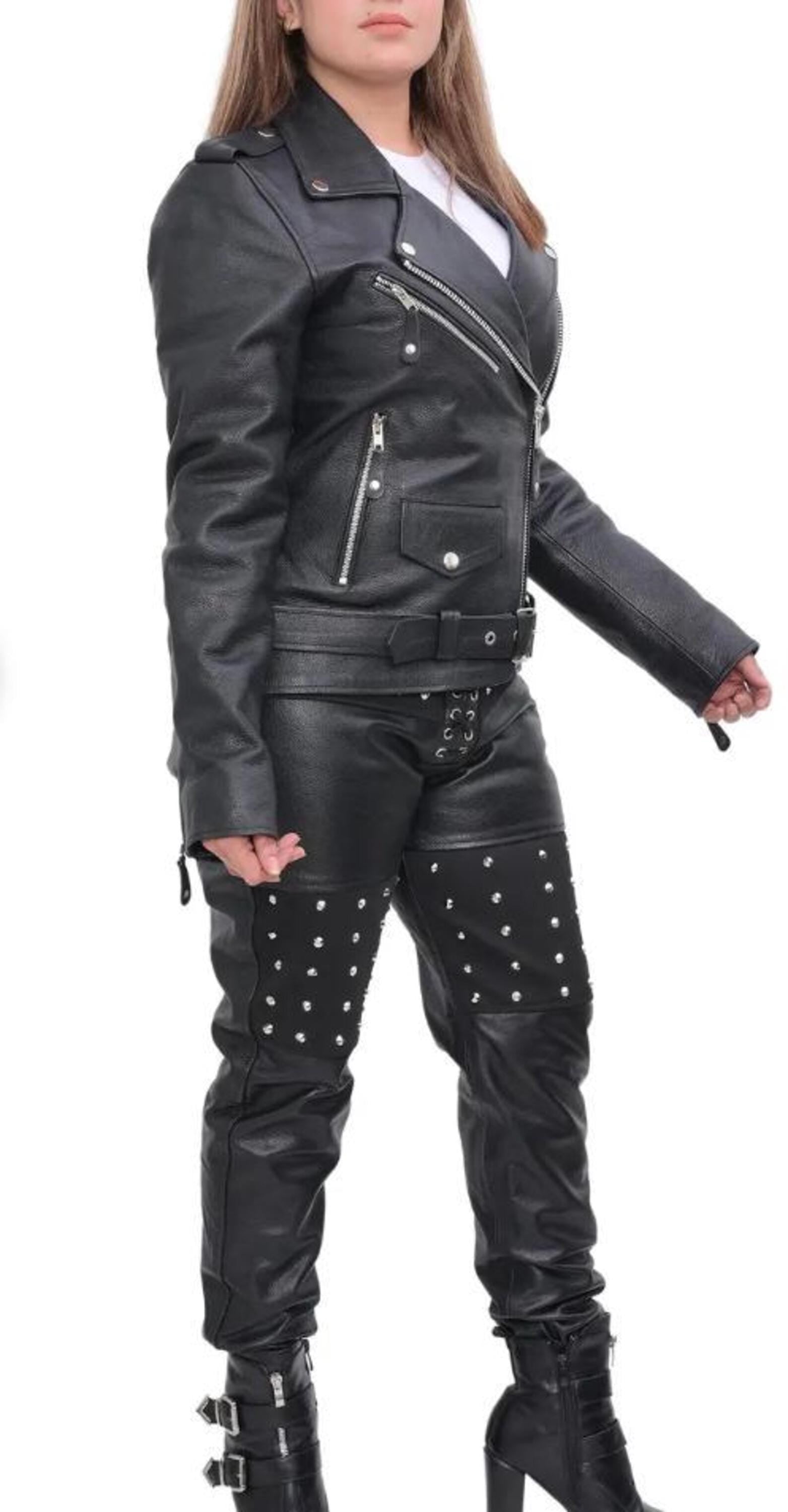 Handmade Black Leather Motorcycle Suit: Jacket & Pants - Women's Biker Outfit