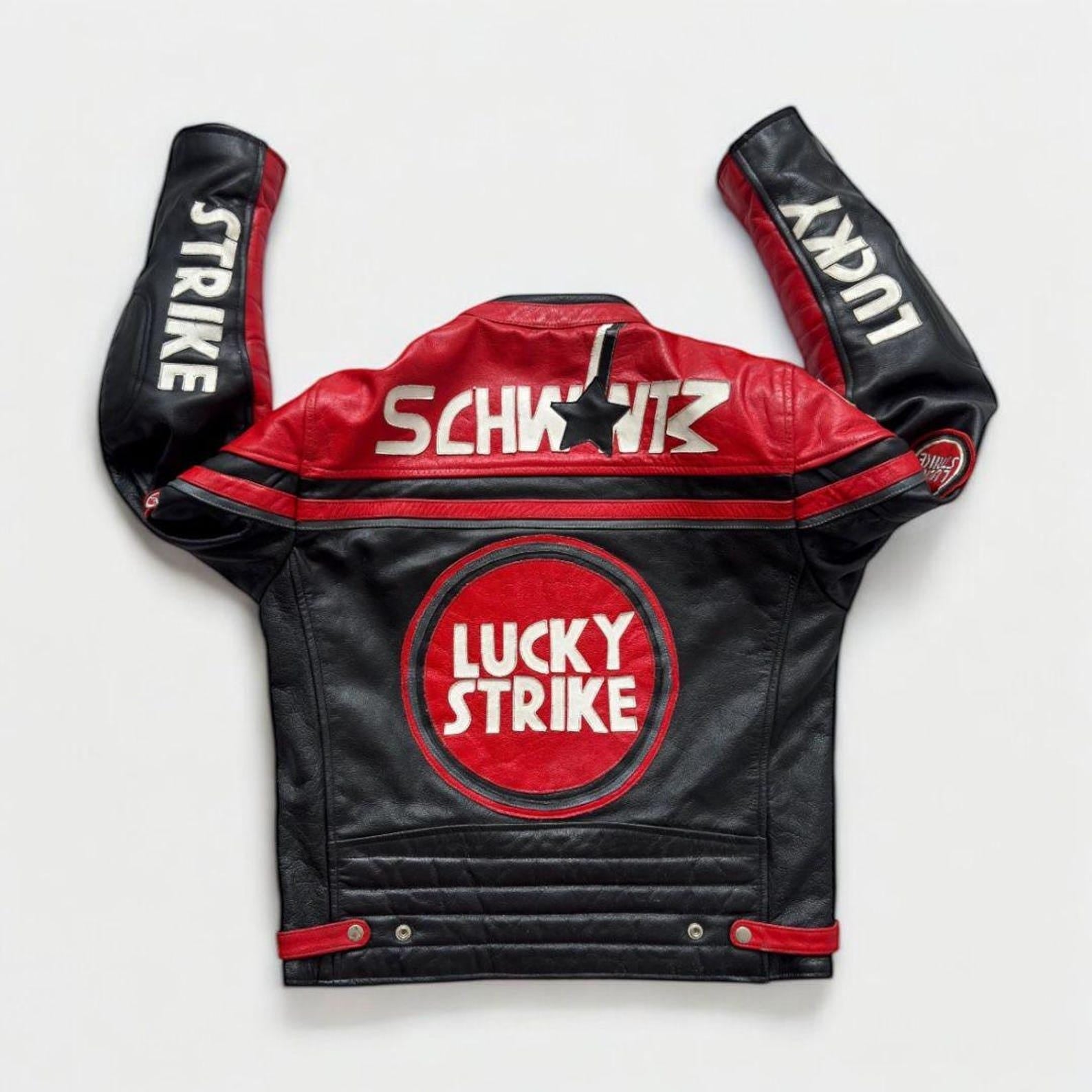 Lucky Strike Racing Leather Jacket: Vintage MotoGP Motorcycle Coat