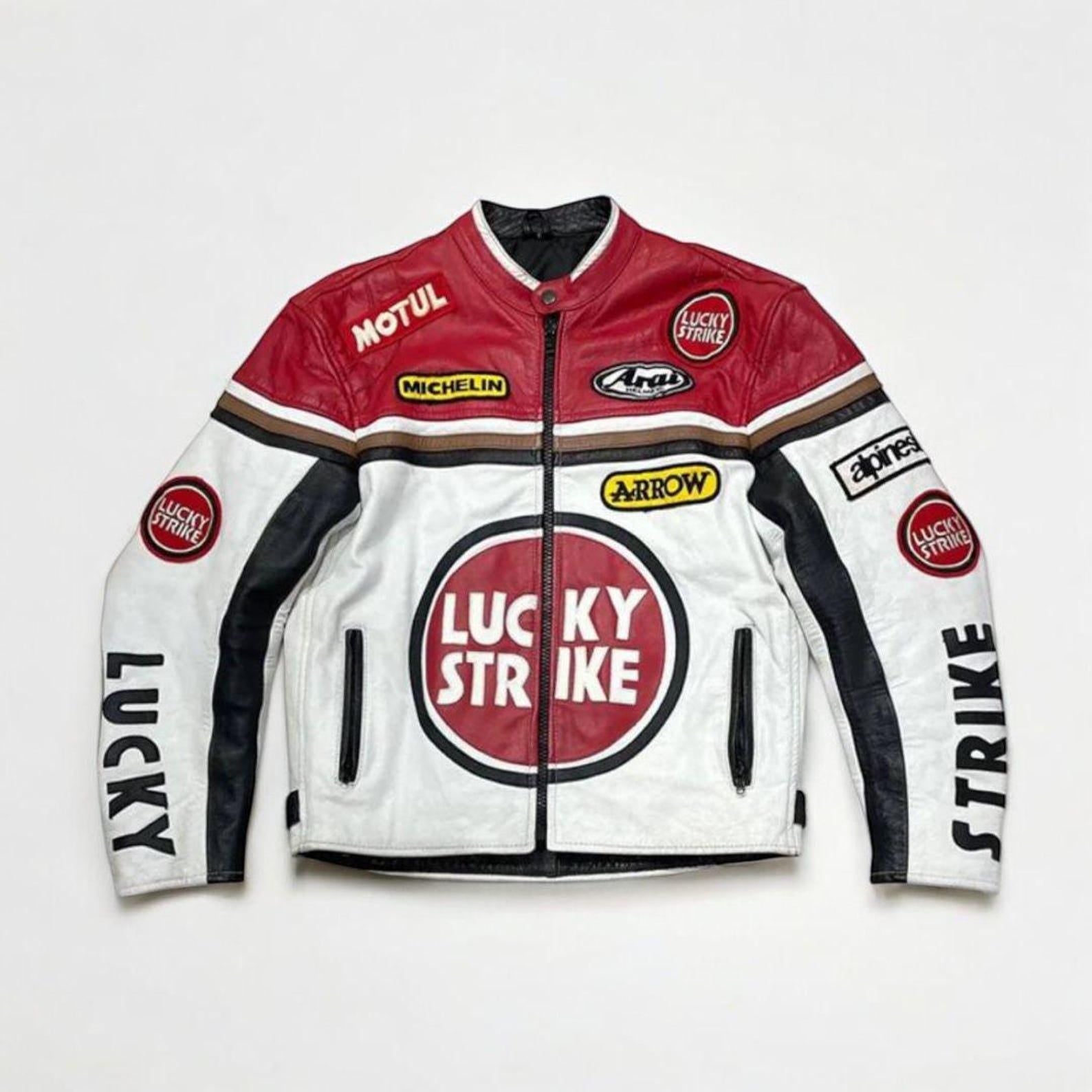 Lucky Strike Racing Leather Jacket: Handmade MotoGP Biker Coat
