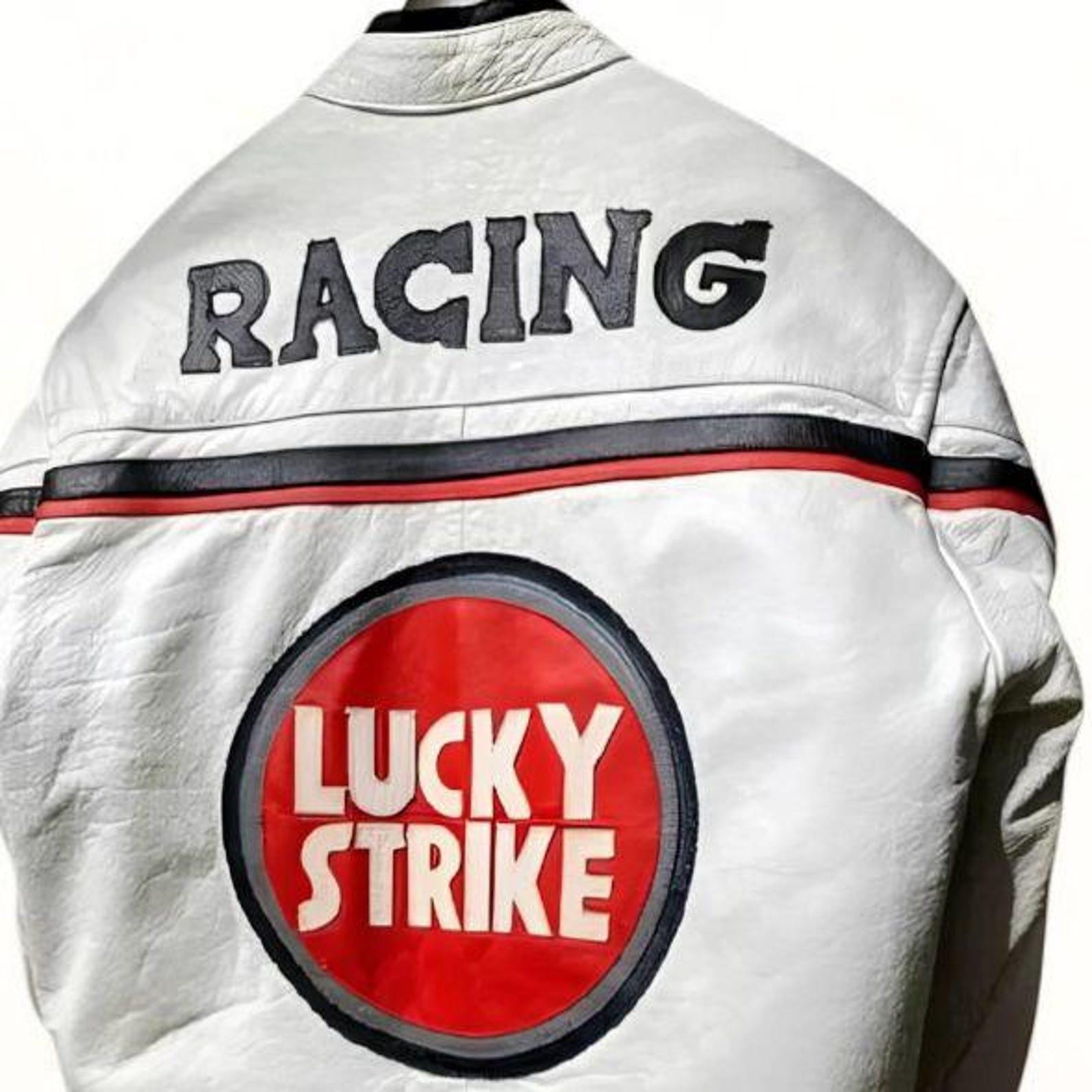 Lucky Strike Racing Leather Jacket: Vintage MotoGP Motorcycle Coat