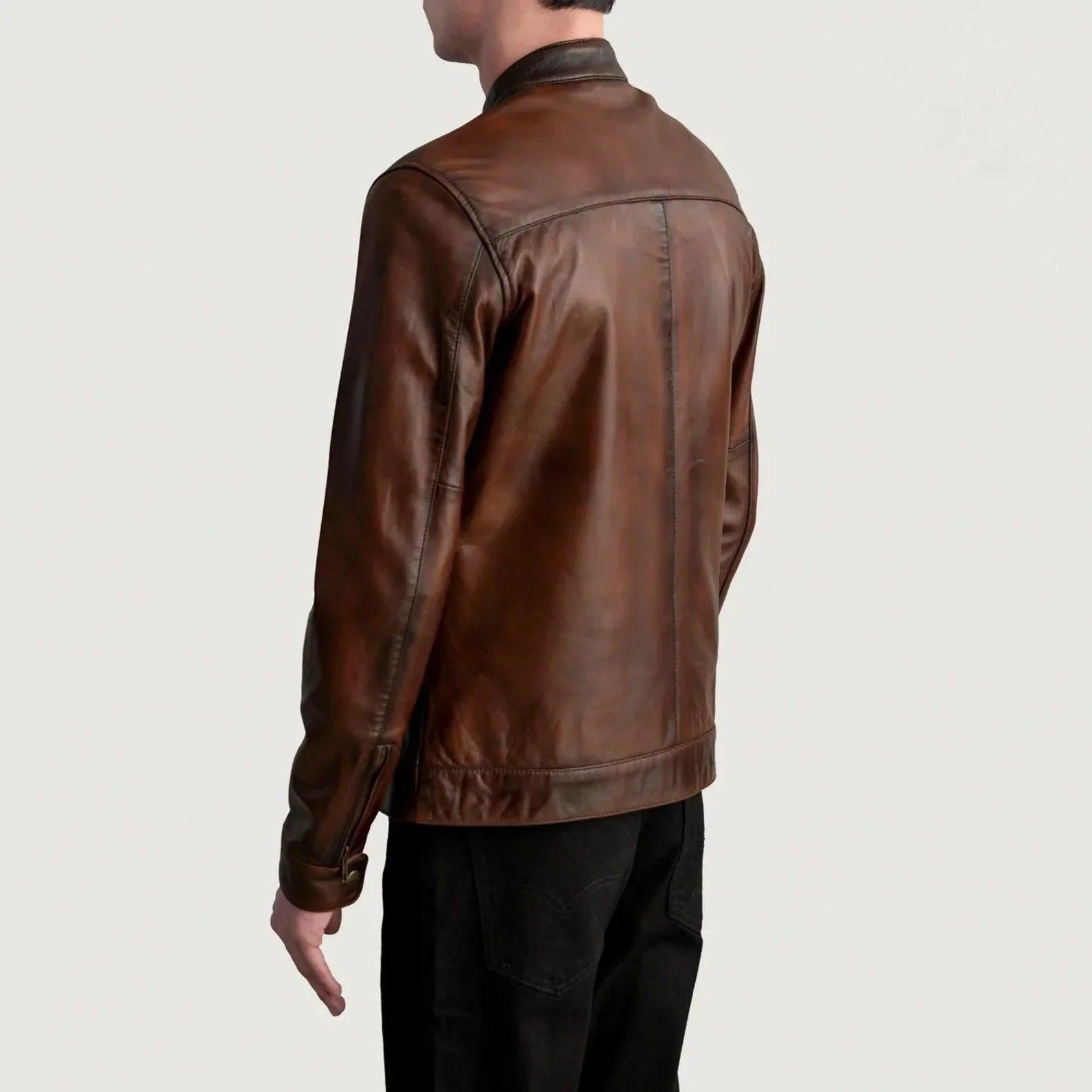 Distressed Brown Sheepskin Leather Biker Jacket - Western Style