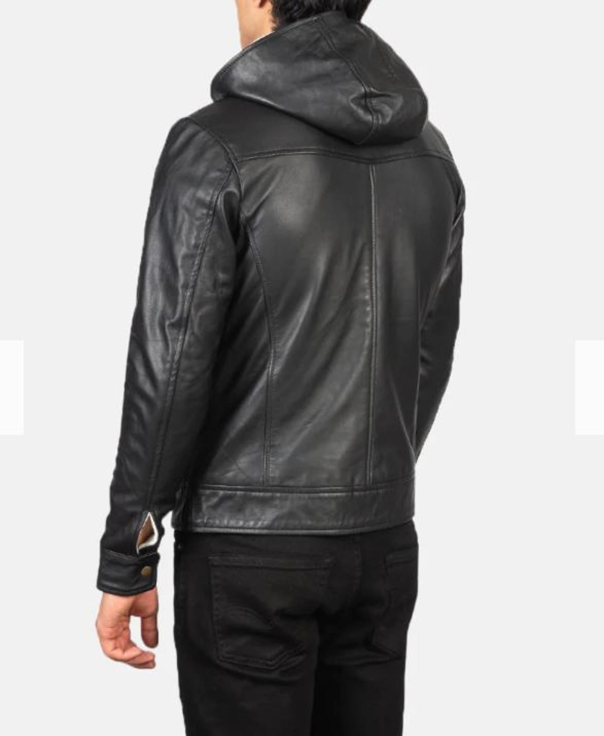 Men's Black Sheep Leather Biker Jacket: Vintage Hooded Motorcycle Jacket