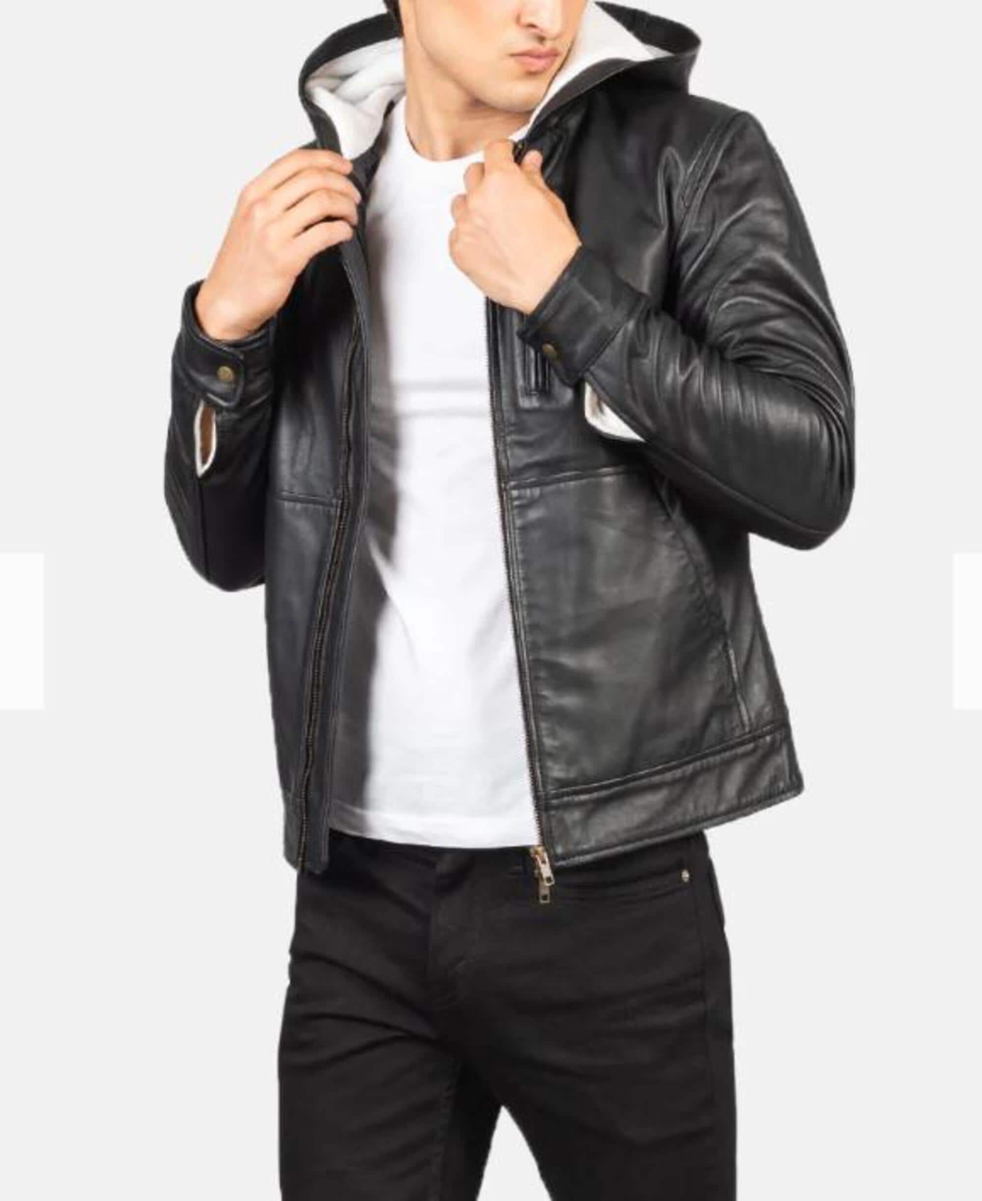 Men's Black Sheep Leather Biker Jacket: Vintage Hooded Motorcycle Jacket