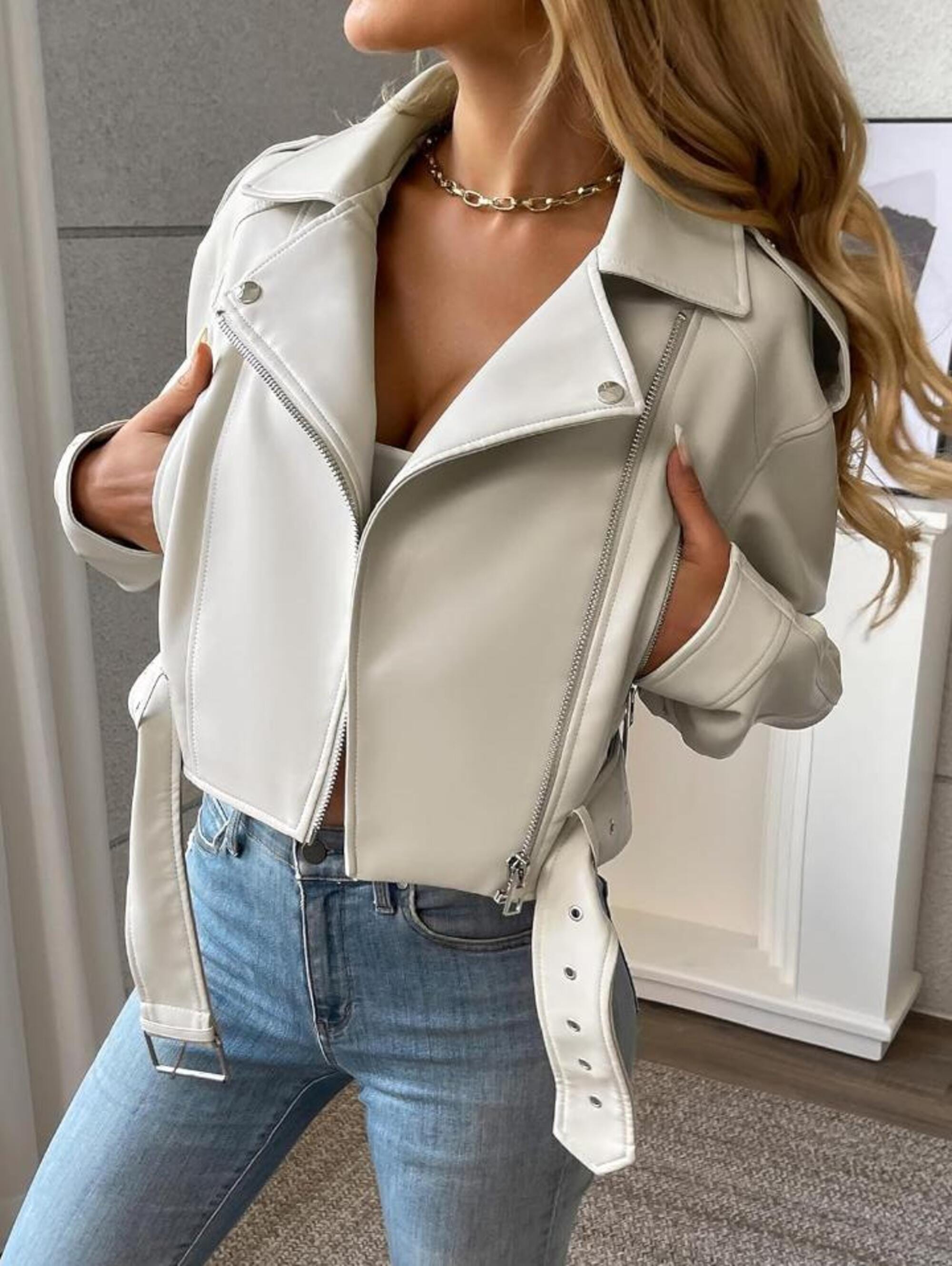 Women's Cropped Sheepskin Leather Jacket – Erdem Stylish Belted Short Streetwear Coat