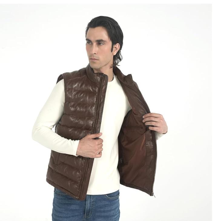 Handmade Sheepskin Leather Biker Vest: Quilted Puffer Style