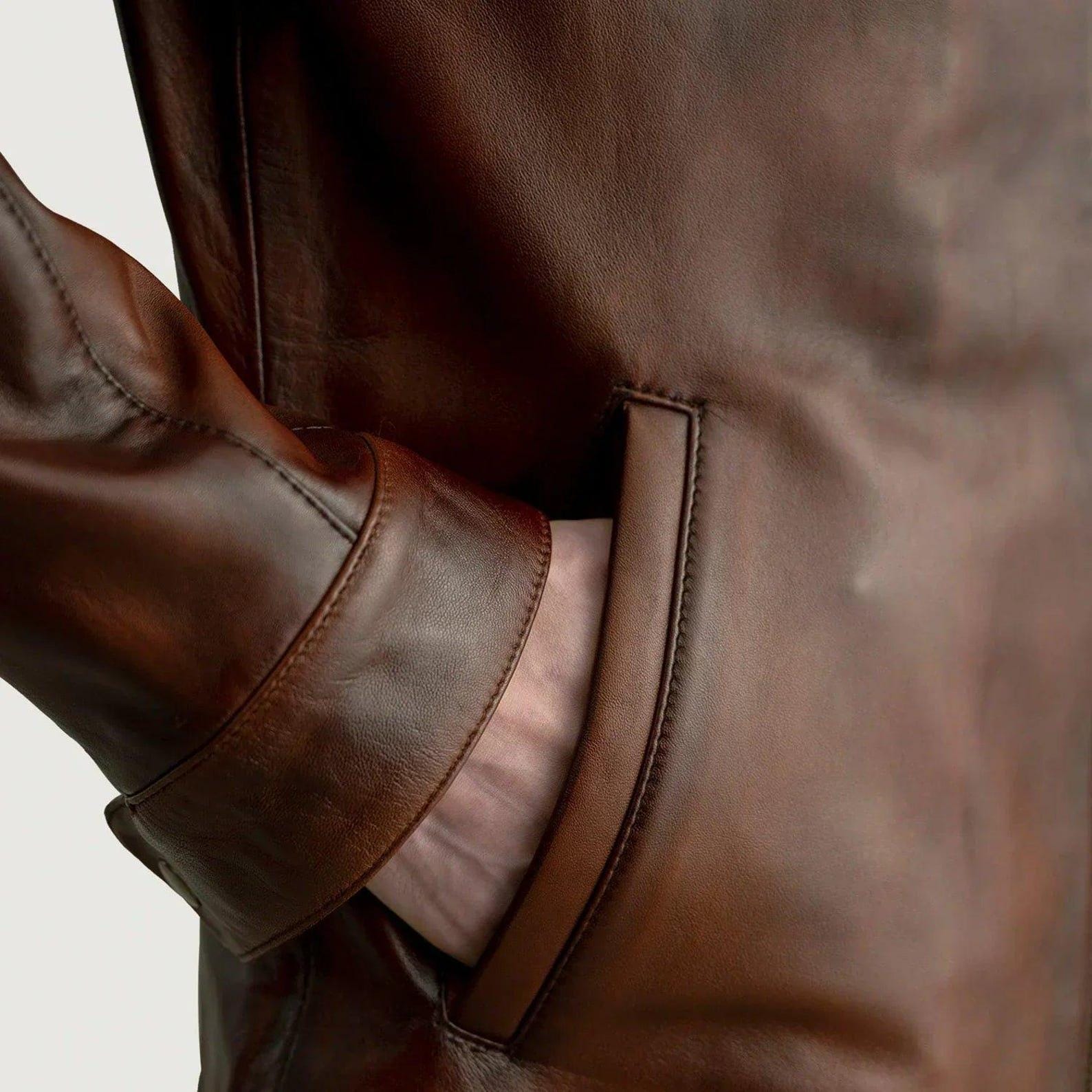 Distressed Brown Sheepskin Leather Biker Jacket - Western Style