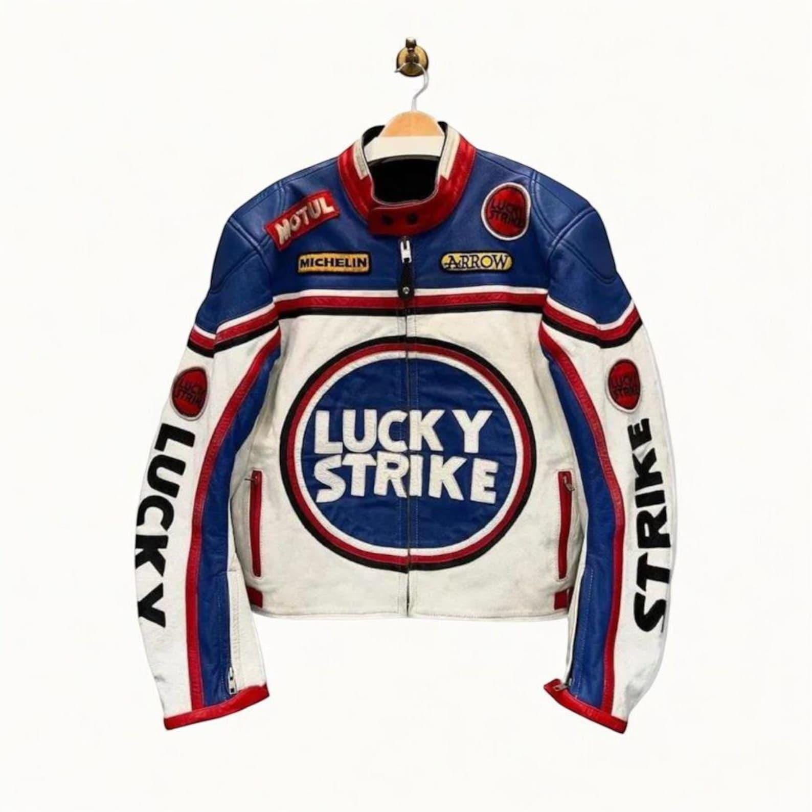 Lucky Strike Racing Leather Jacket: Handmade Cowhide MotoGP Biker Coat