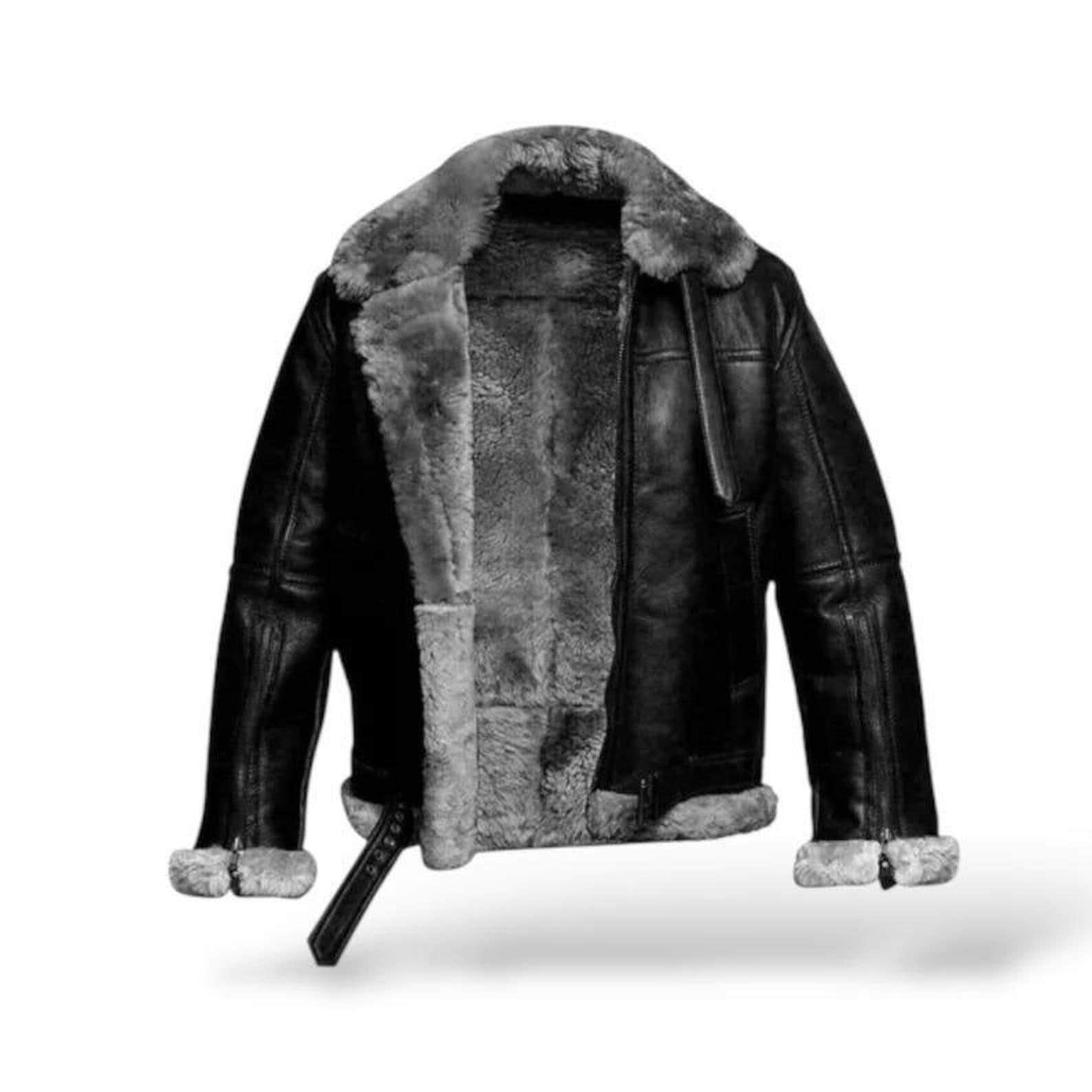 Handmade RAF B3 Leather Bomber Jacket: Grey Fur Collar Aviator Coat