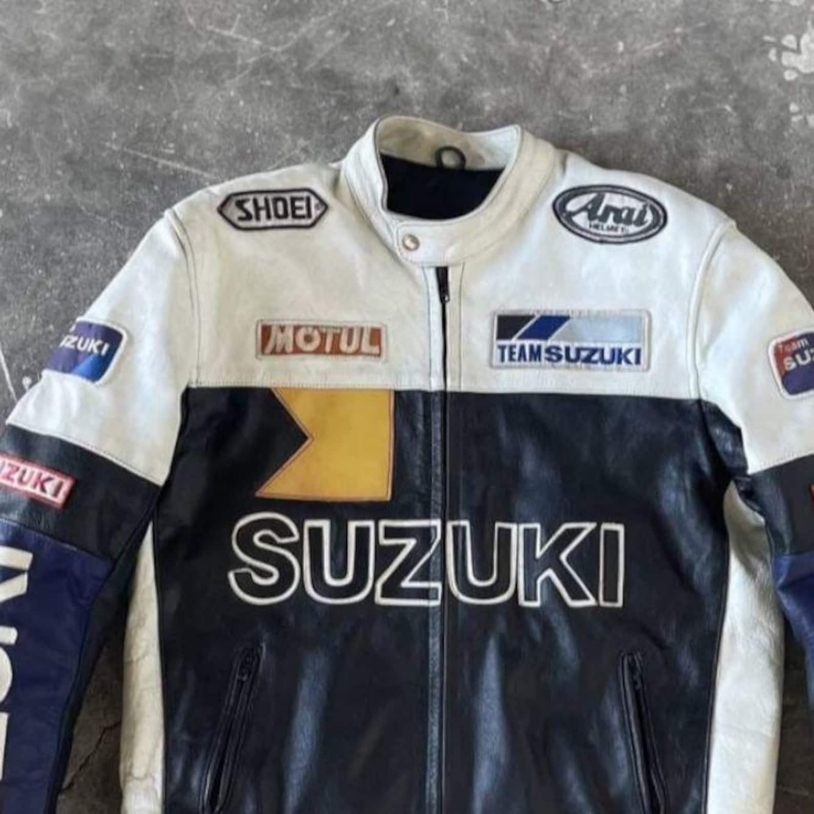 Handmade Suzuki Racing Leather Motorcycle Jacket: Retro MotoGP Biker with CE Armor