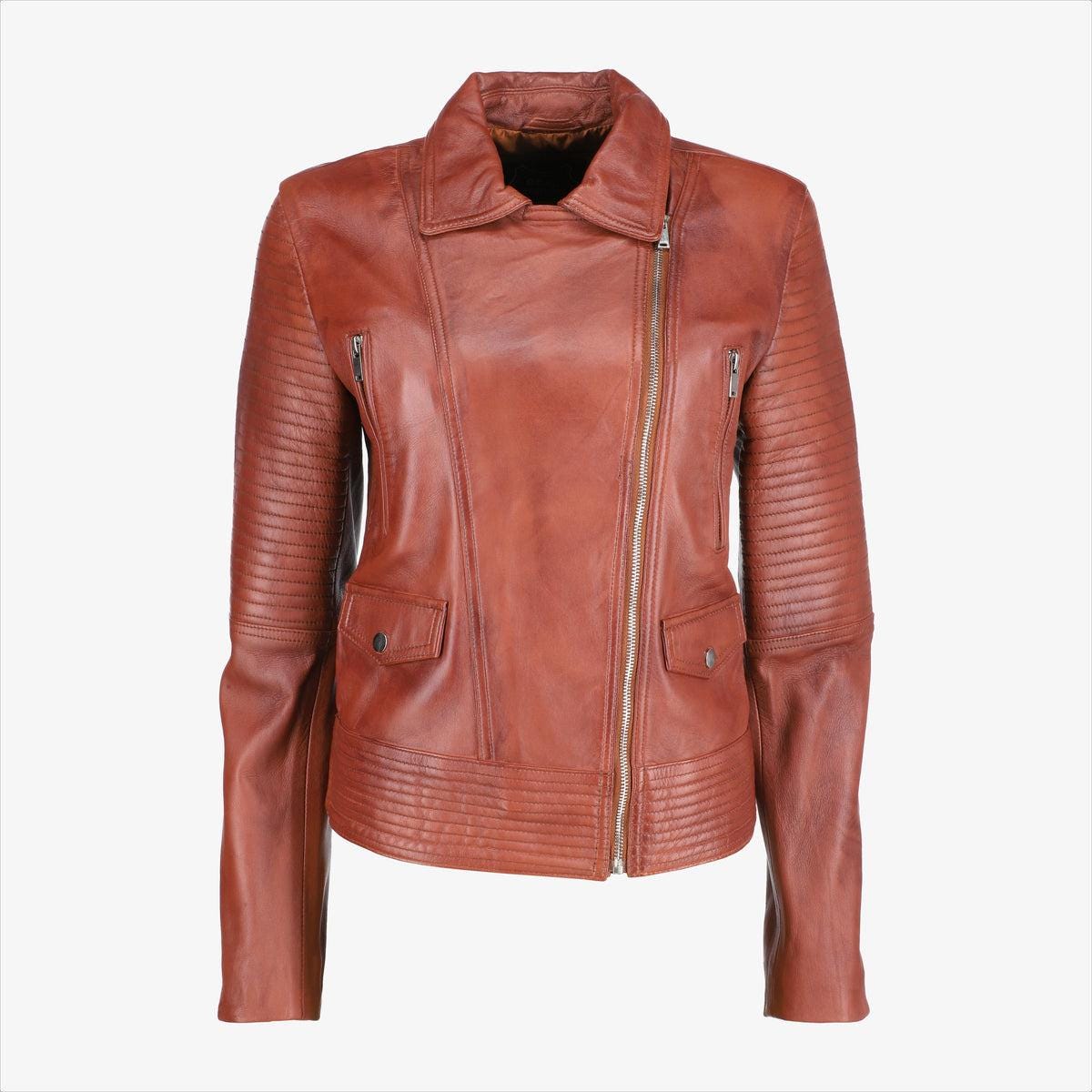Women Asymmetrical Zip-up Brown Leather Jacket