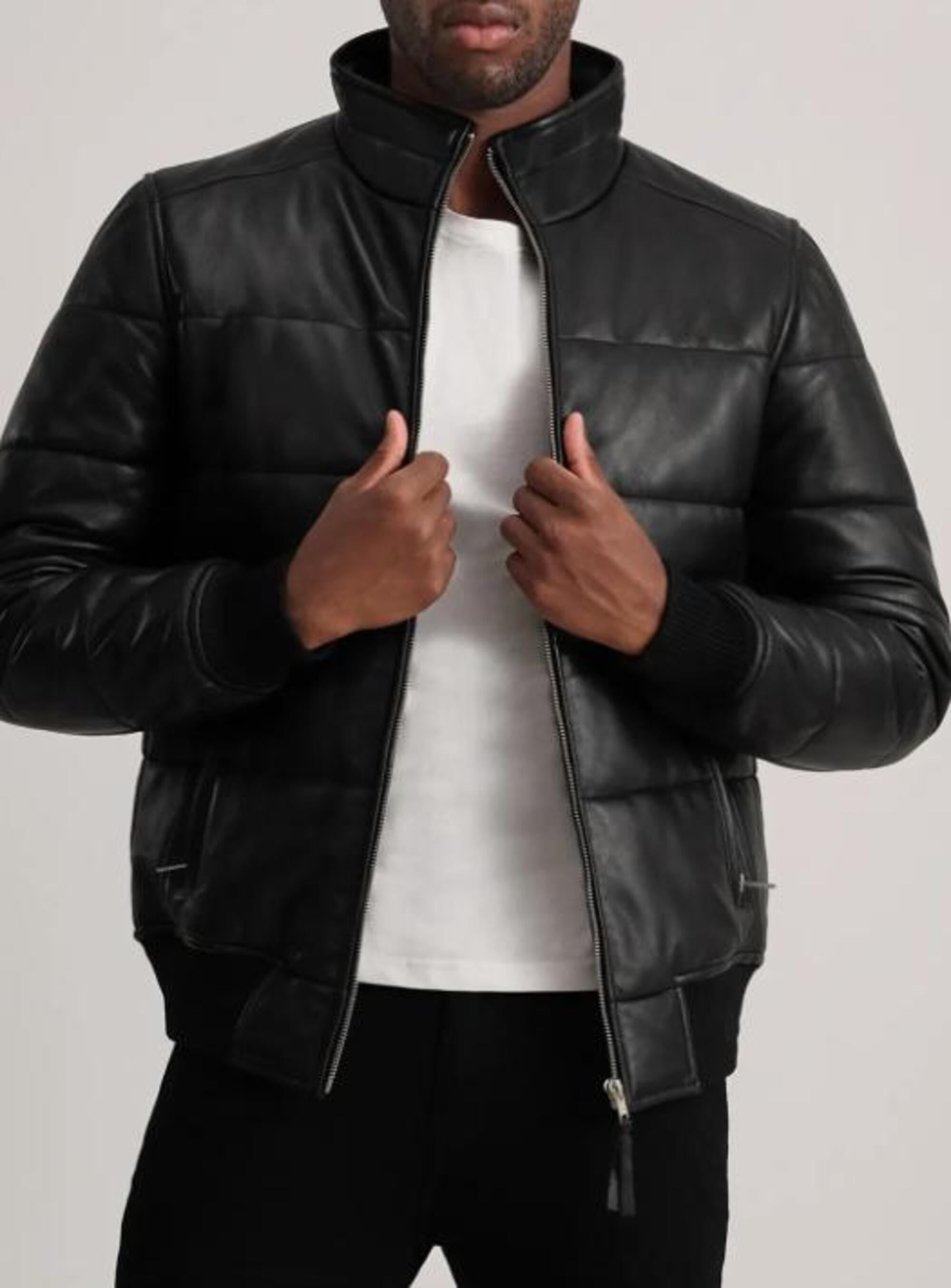 Handmade Sheepskin Leather Puffer Biker Jacket for Men - Erdem Style