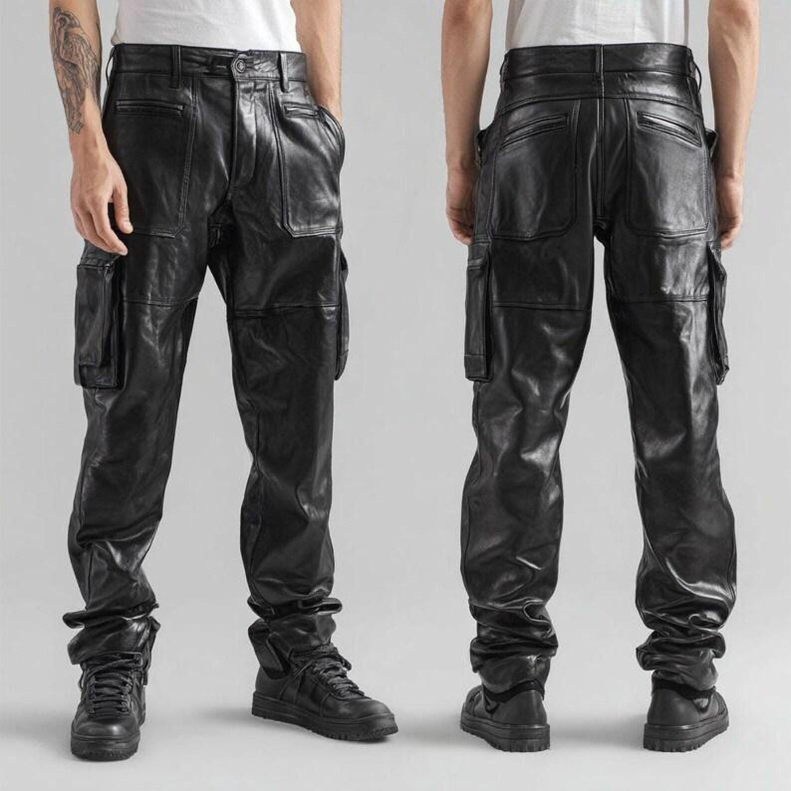 Men's Black Leather Motorcycle Pants: Cargo Biker Trousers