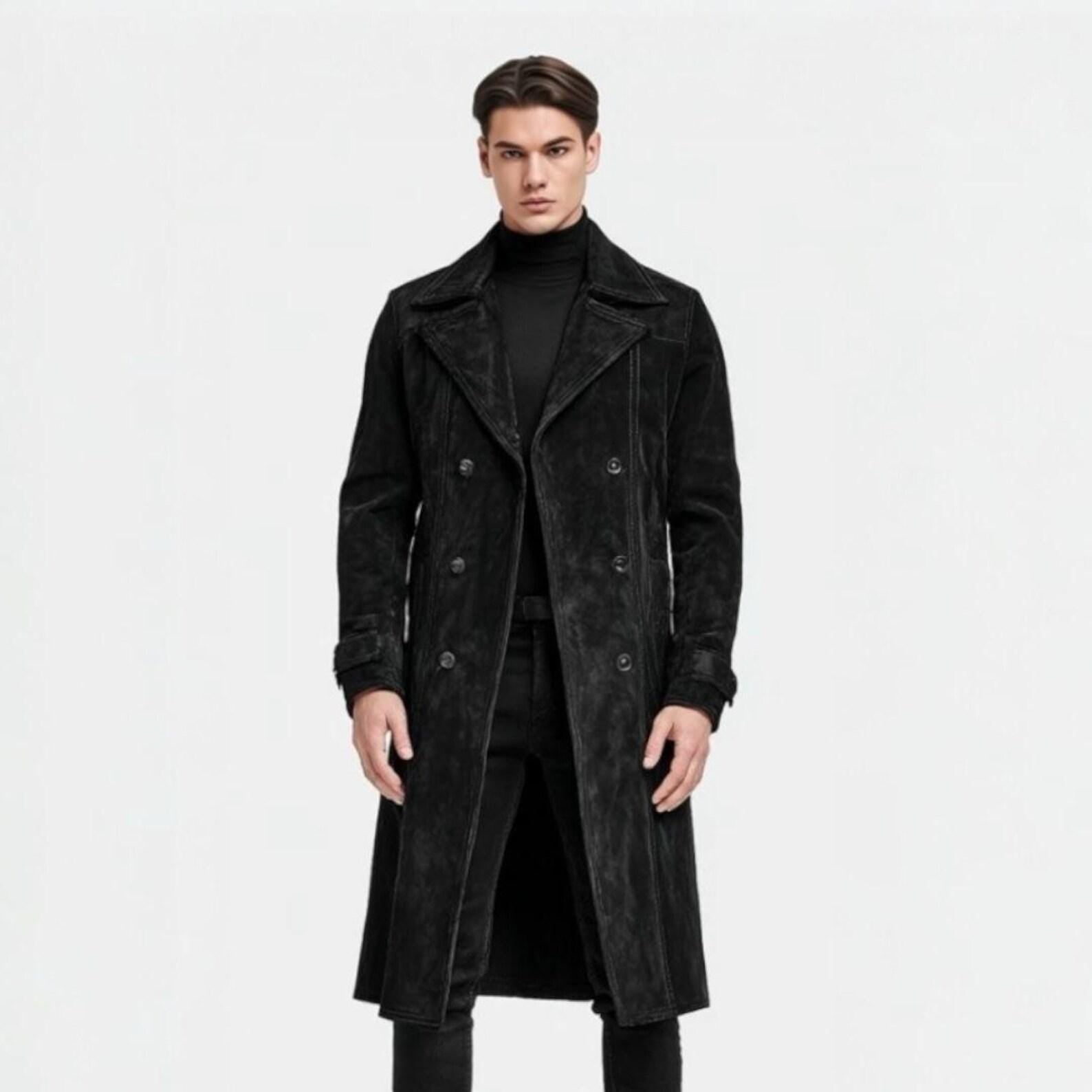 Men's Black Suede Leather Trench Coat: Vintage Western Duster