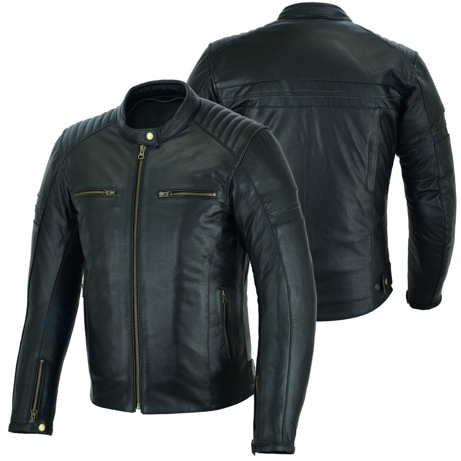 Handmade CE Armored Black Leather Cafe Racer Motorcycle Jacket