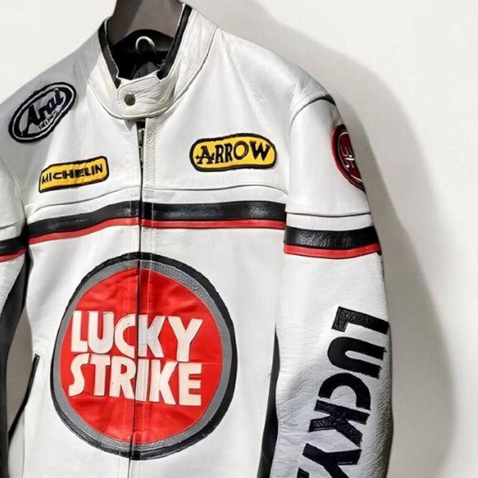 Lucky Strike Racing Leather Jacket: Vintage MotoGP Motorcycle Coat