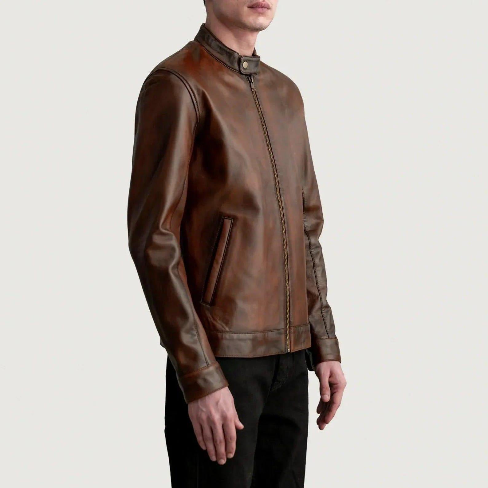 Distressed Brown Sheepskin Leather Biker Jacket - Western Style