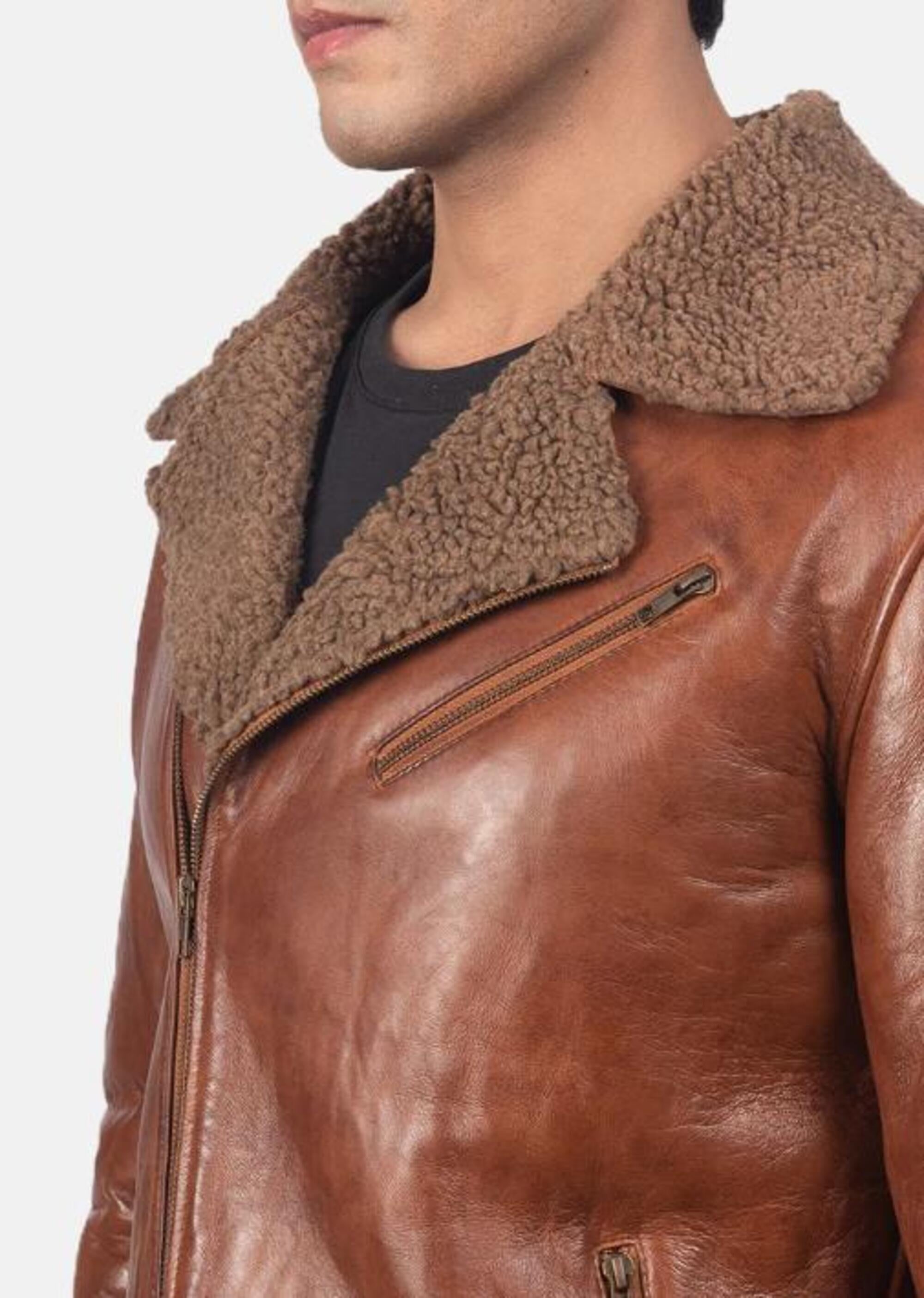 Men's Real Leather Bomber Jacket with Faux Fur Collar – Erdem Winter Stylish Warm Outerwear