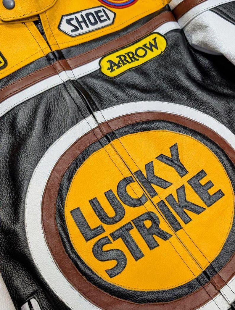 Lucky Strike Racing Leather Jacket: Vintage MotoGP Motorcycle Coat