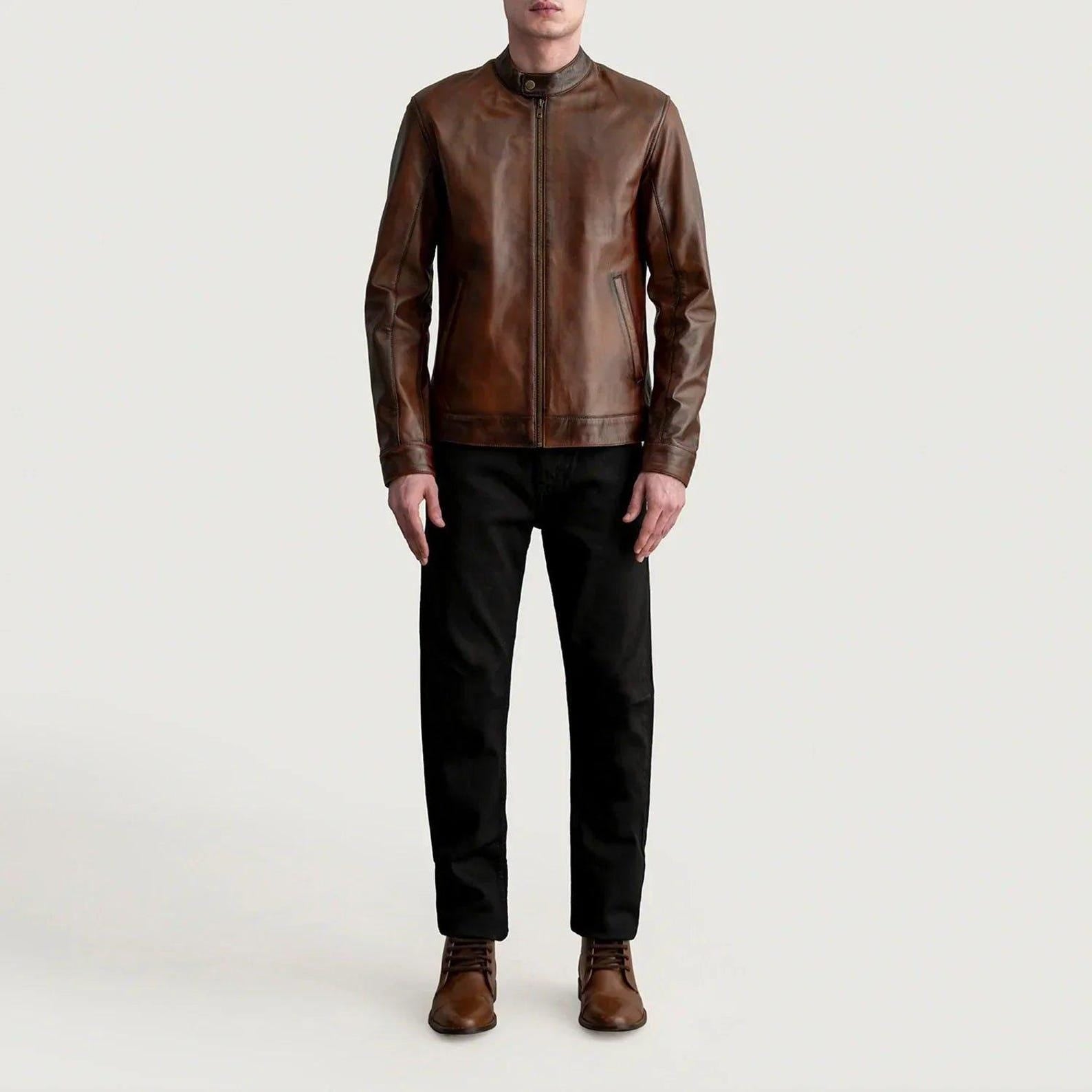 Distressed Brown Sheepskin Leather Biker Jacket - Western Style
