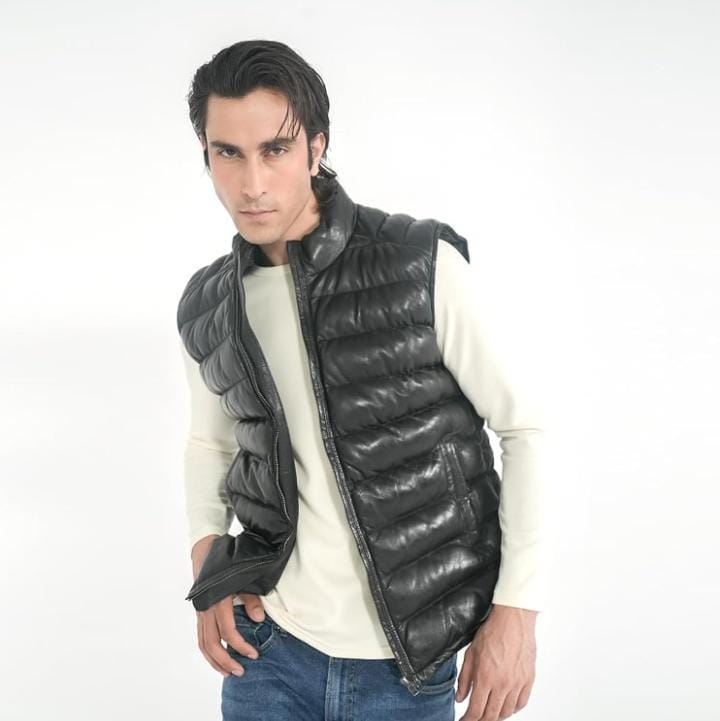 Handmade Sheepskin Leather Biker Vest: Quilted Puffer Style