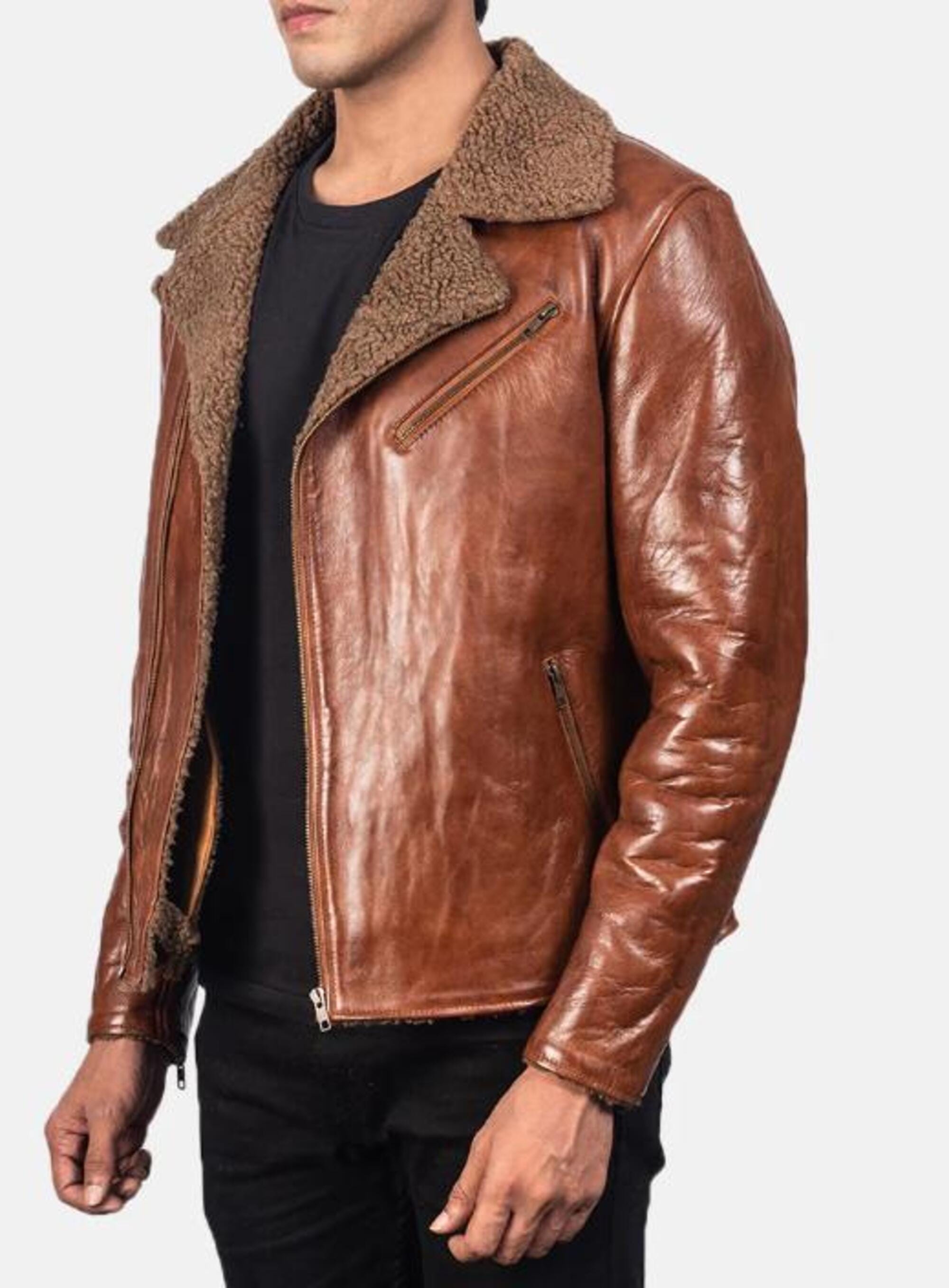 Men's Real Leather Bomber Jacket with Faux Fur Collar – Erdem Winter Stylish Warm Outerwear