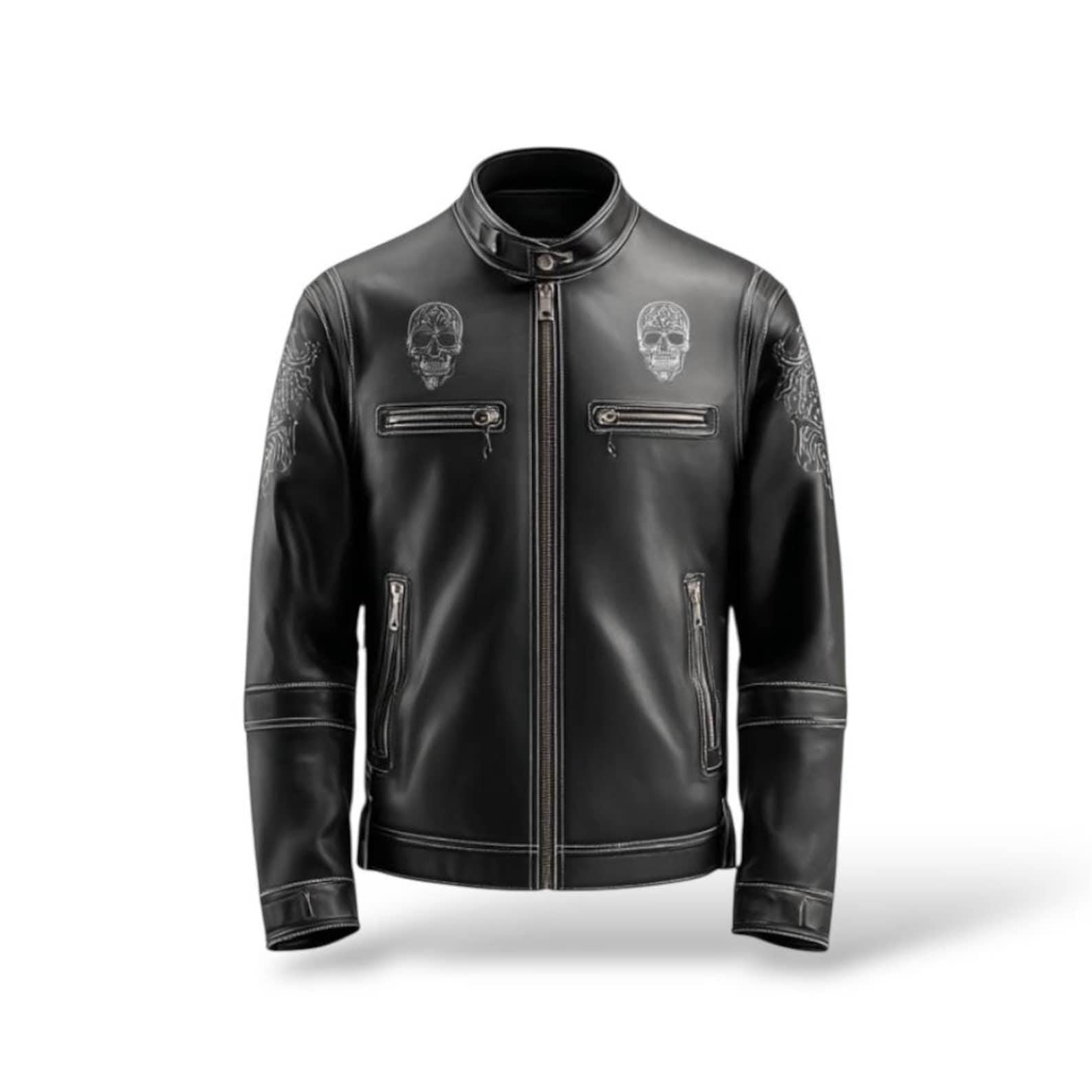 Men's Skull Print Leather Cafe Racer Biker Jacket