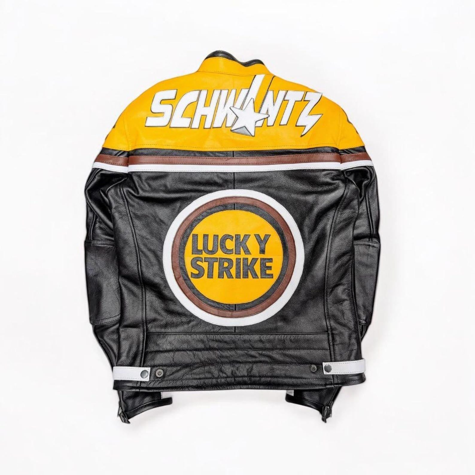 Lucky Strike Racing Leather Jacket: Vintage MotoGP Motorcycle Coat