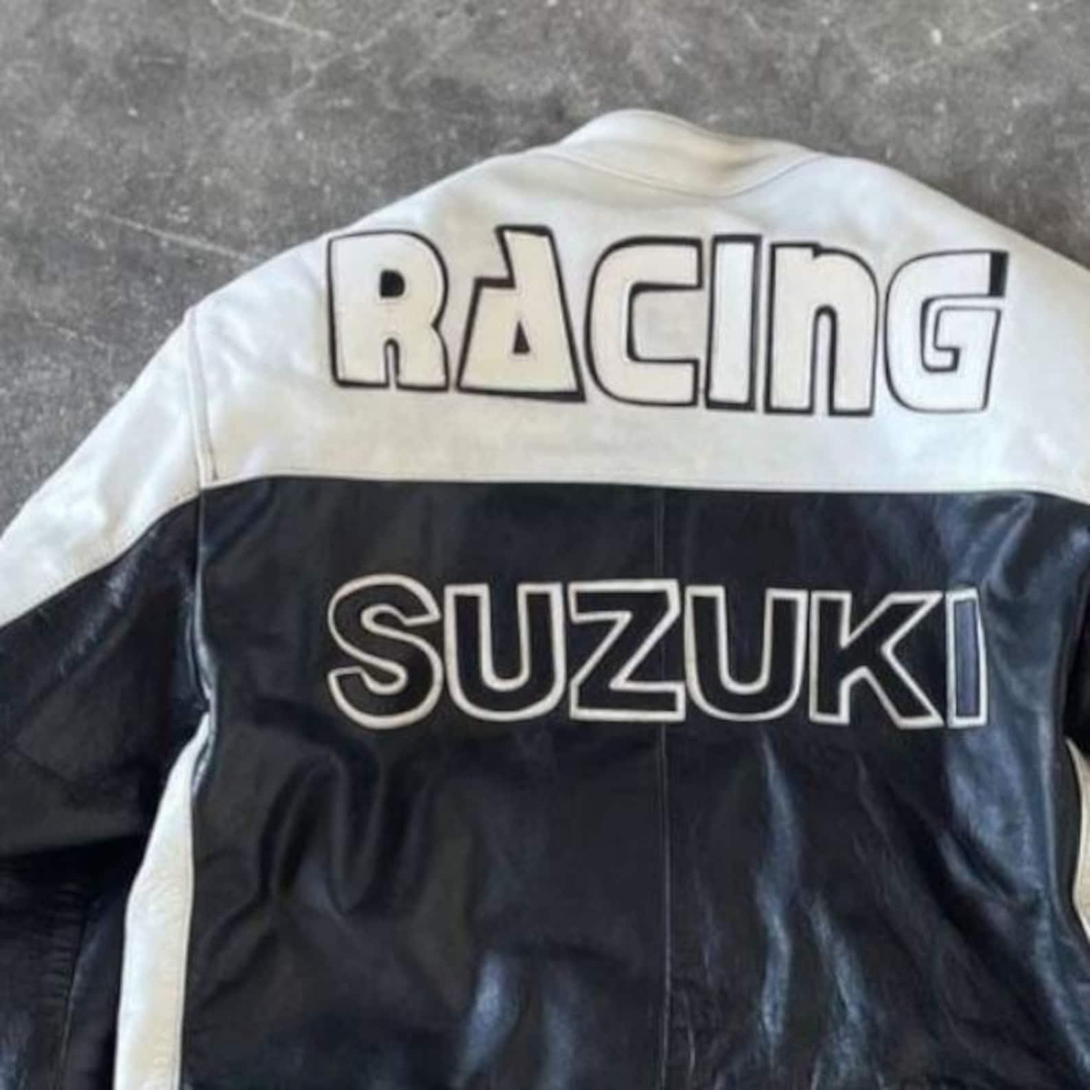 Handmade Suzuki Racing Leather Motorcycle Jacket: Retro MotoGP Biker with CE Armor