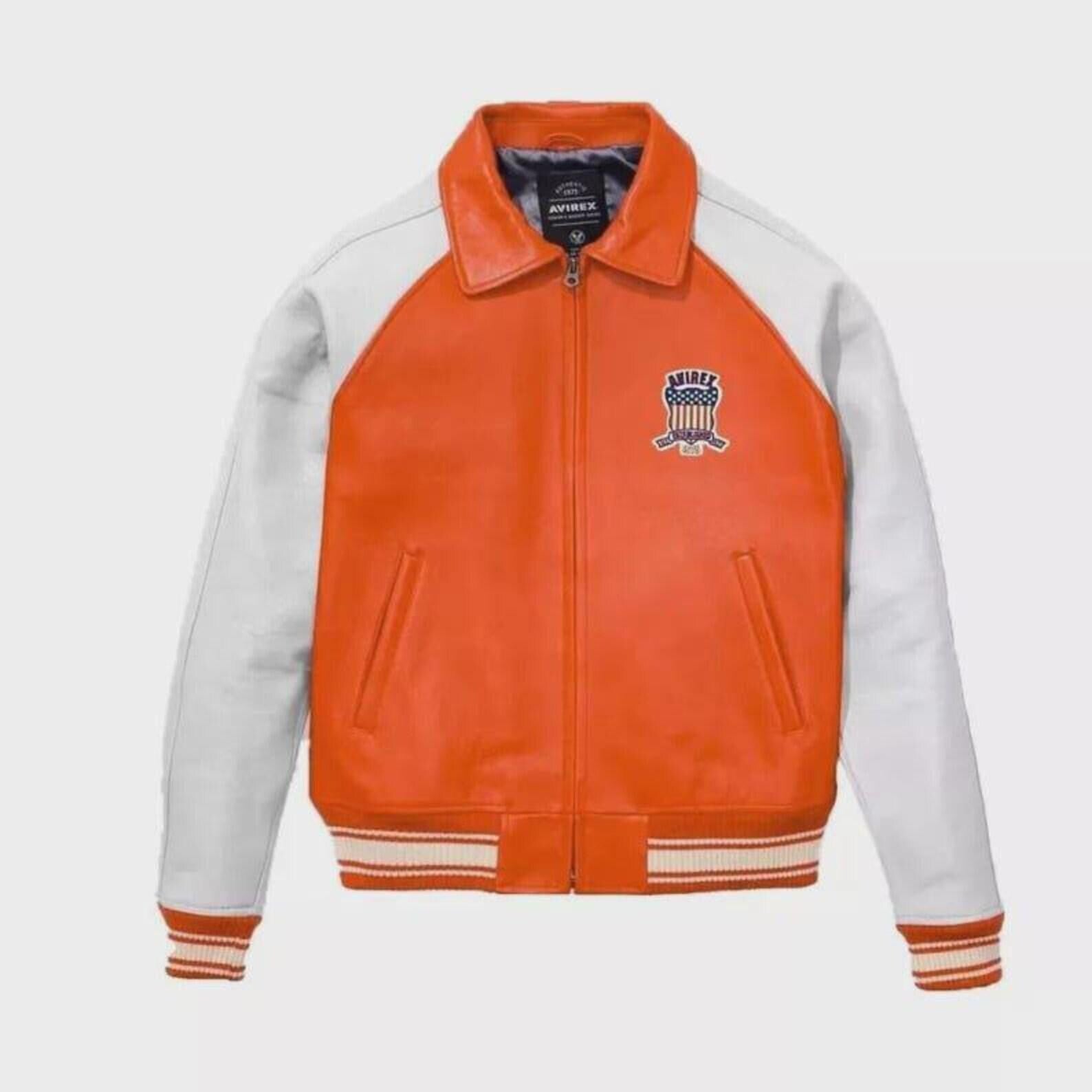 Vintage Avirex Leather Bomber Jacket: Orange & White Varsity Biker Coat