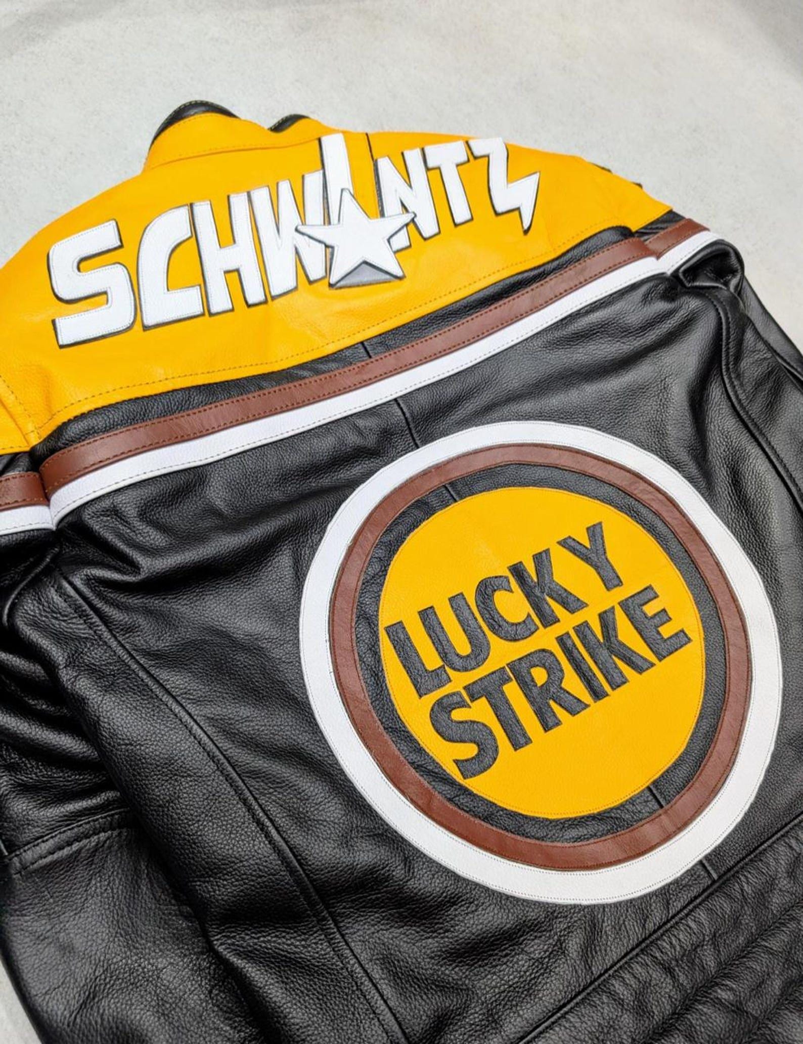 Lucky Strike Racing Leather Jacket: Vintage MotoGP Motorcycle Coat