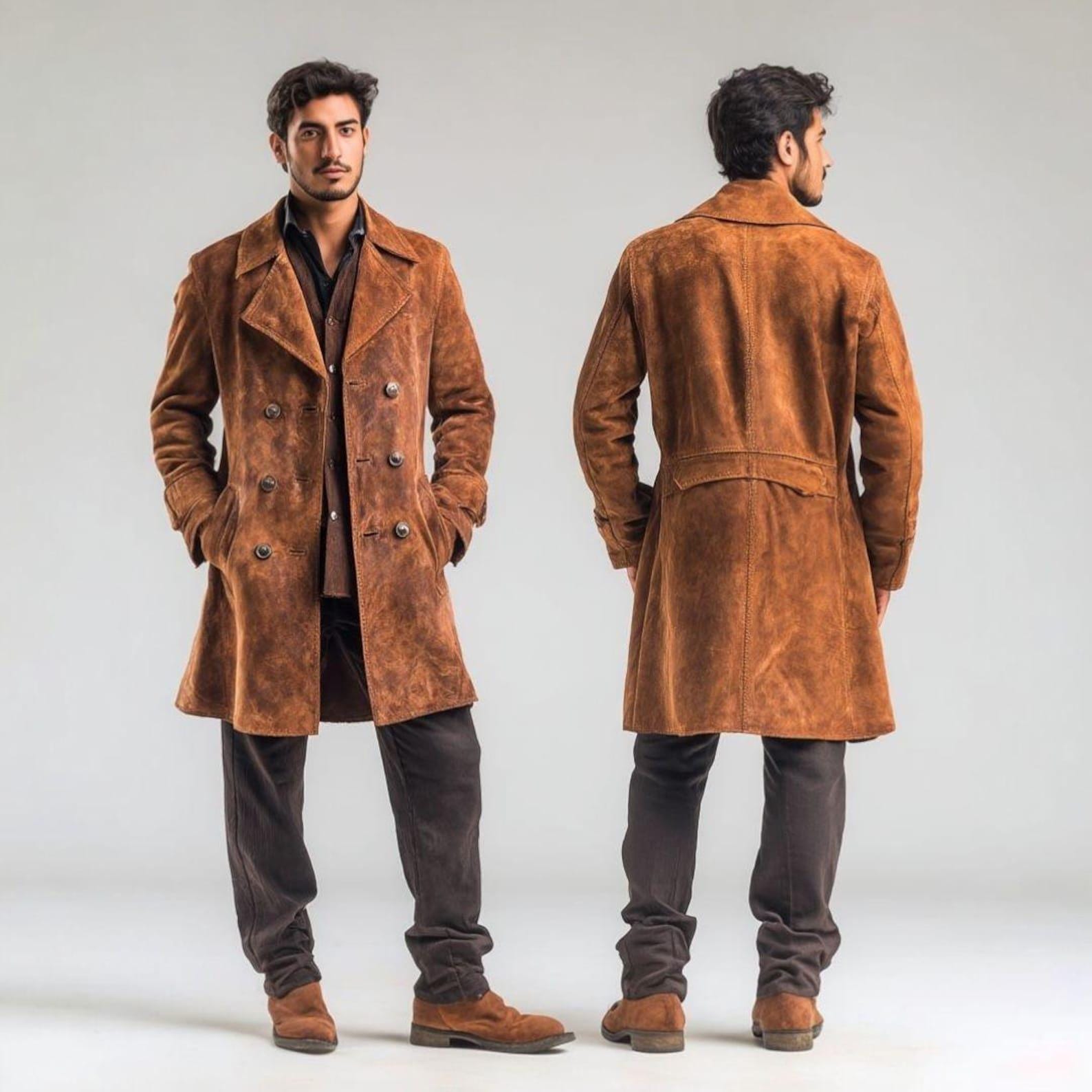 Brown Vintage Suede Trench Coat - Maier's Stylish Leather Western Duster Overcoat