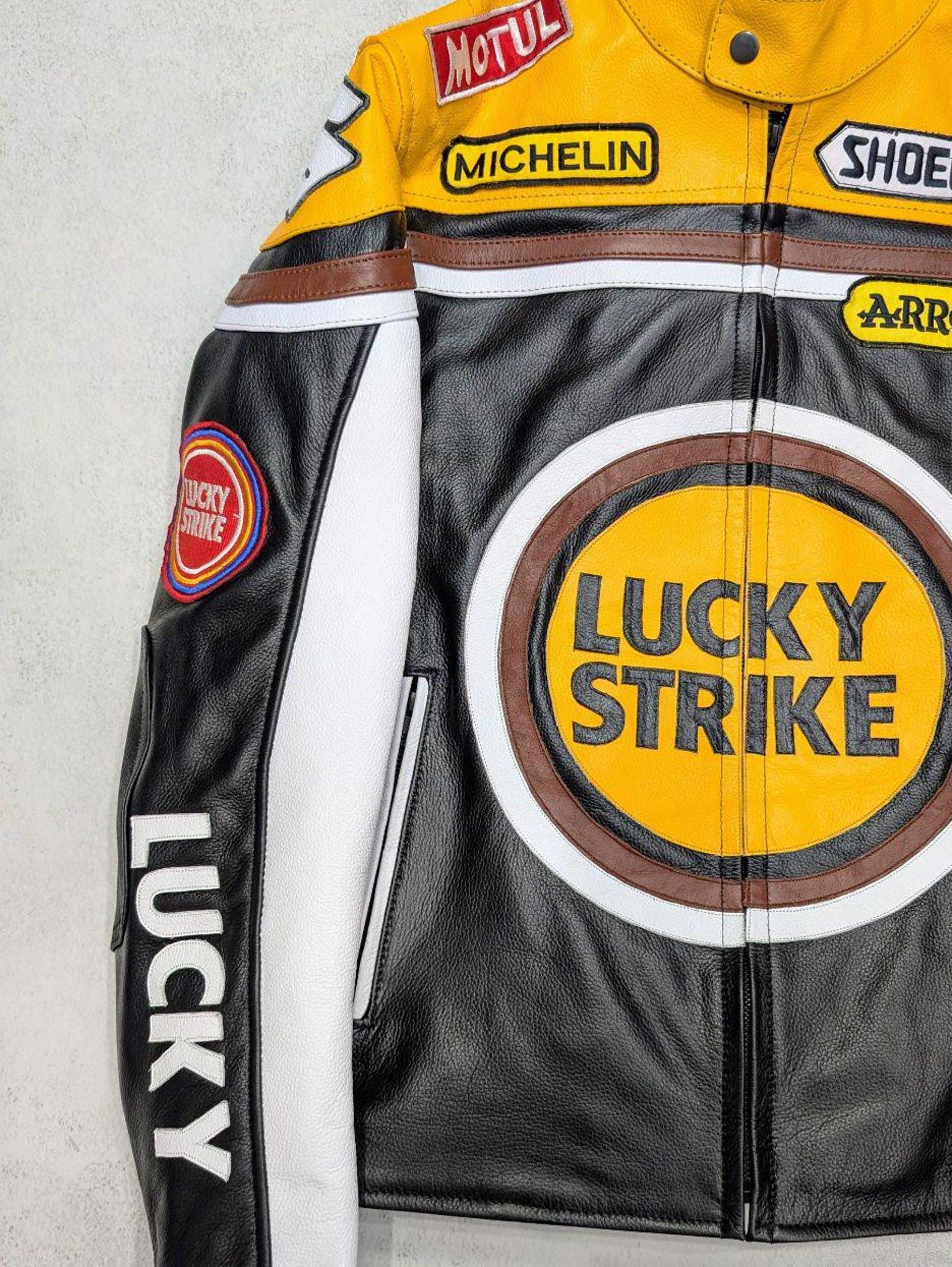 Lucky Strike Racing Leather Jacket: Vintage MotoGP Motorcycle Coat