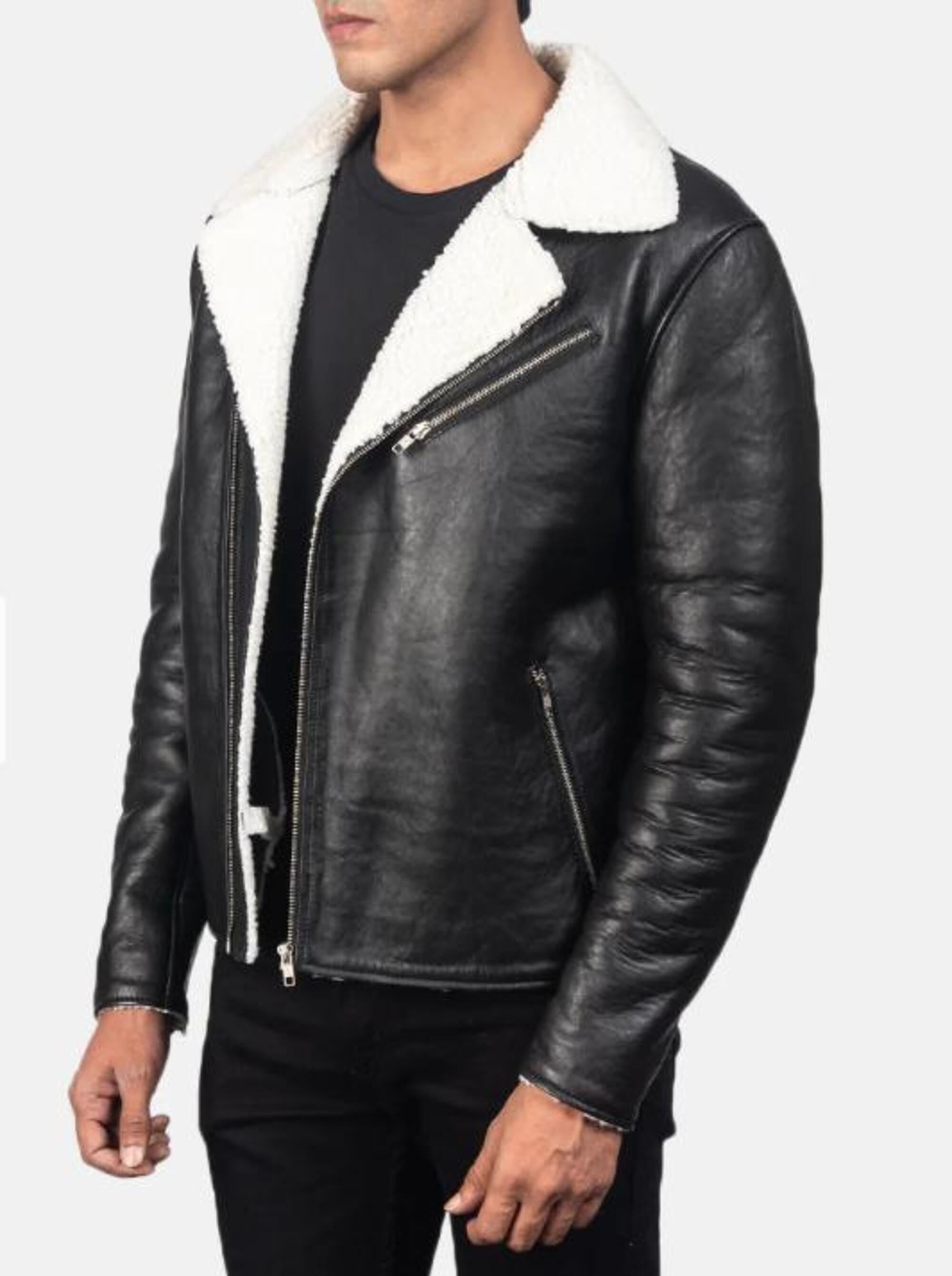 Men's Real Leather Bomber Jacket with Faux Fur Collar – Erdem Winter Stylish Warm Outerwear